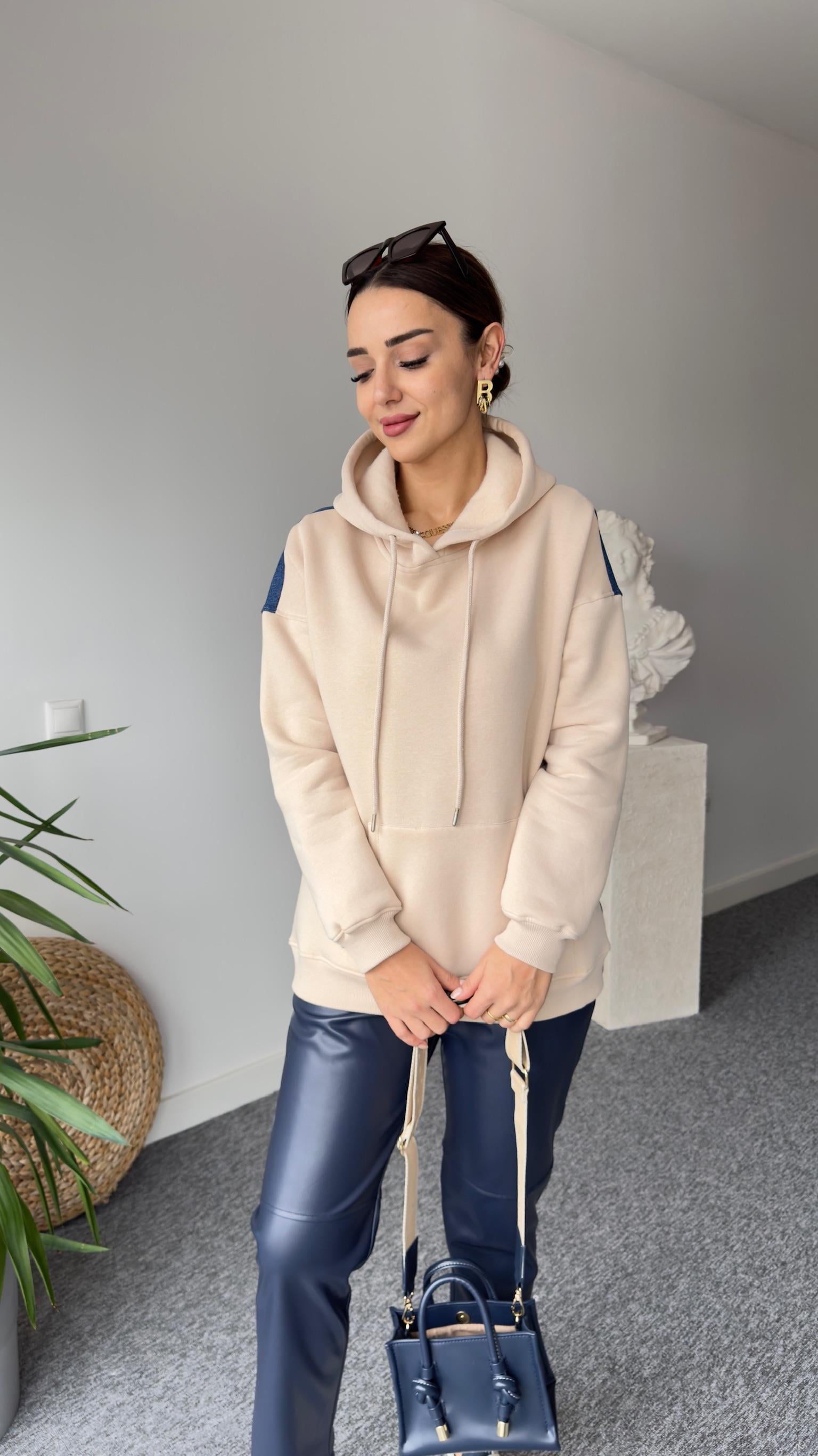 Sırt Kot Detaylı Kapüşonlu Bej Sweat