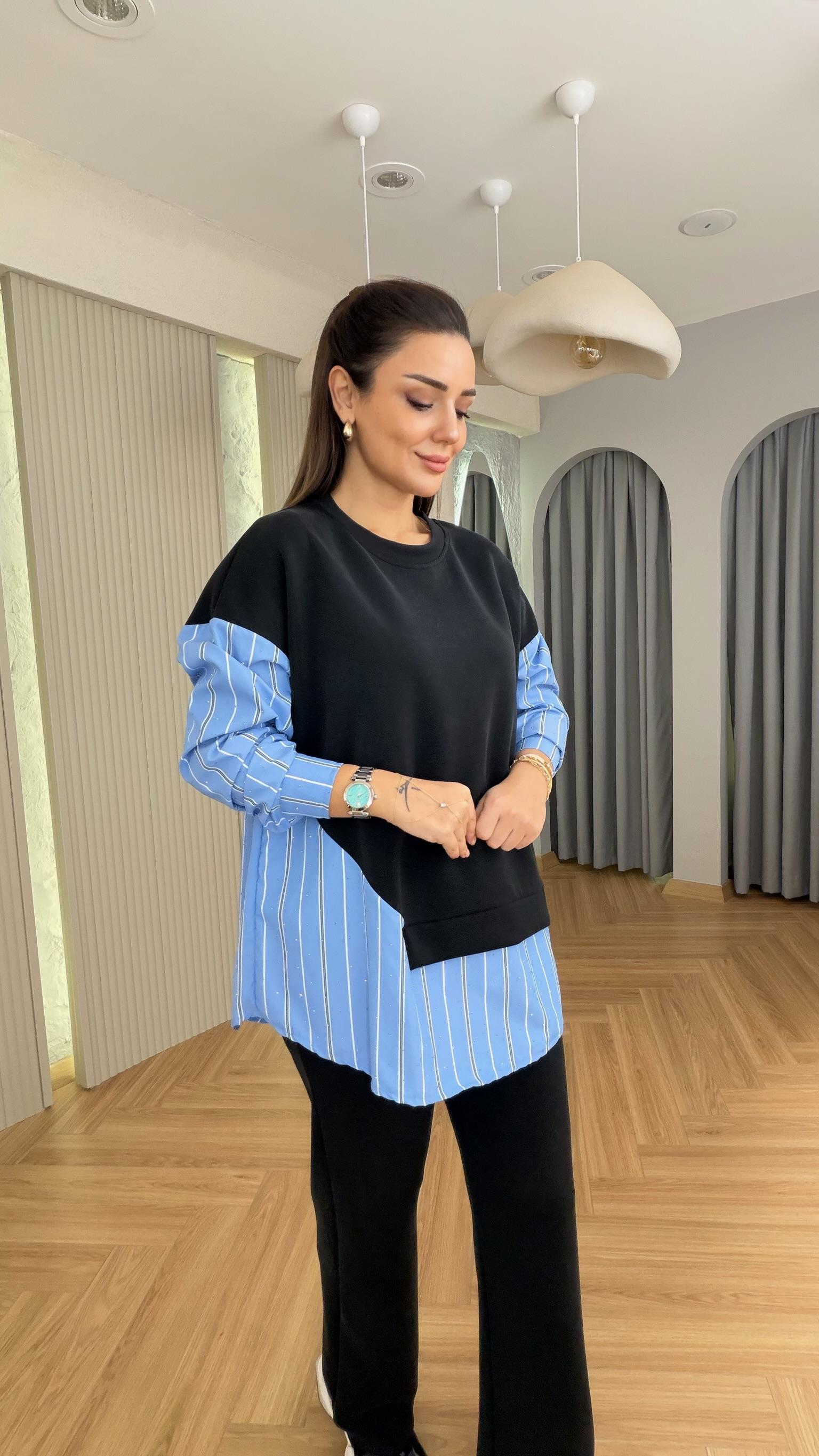 Mavi Taşlı Poplin Garnili Modal Takım