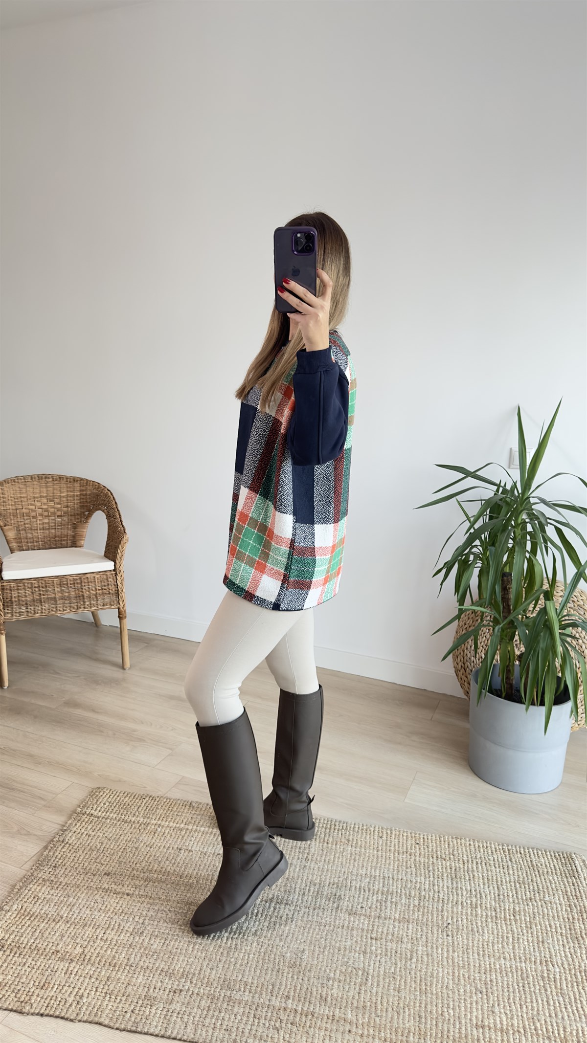 Yeşil Ekose Desen Kolları Düz Salaş Sweat