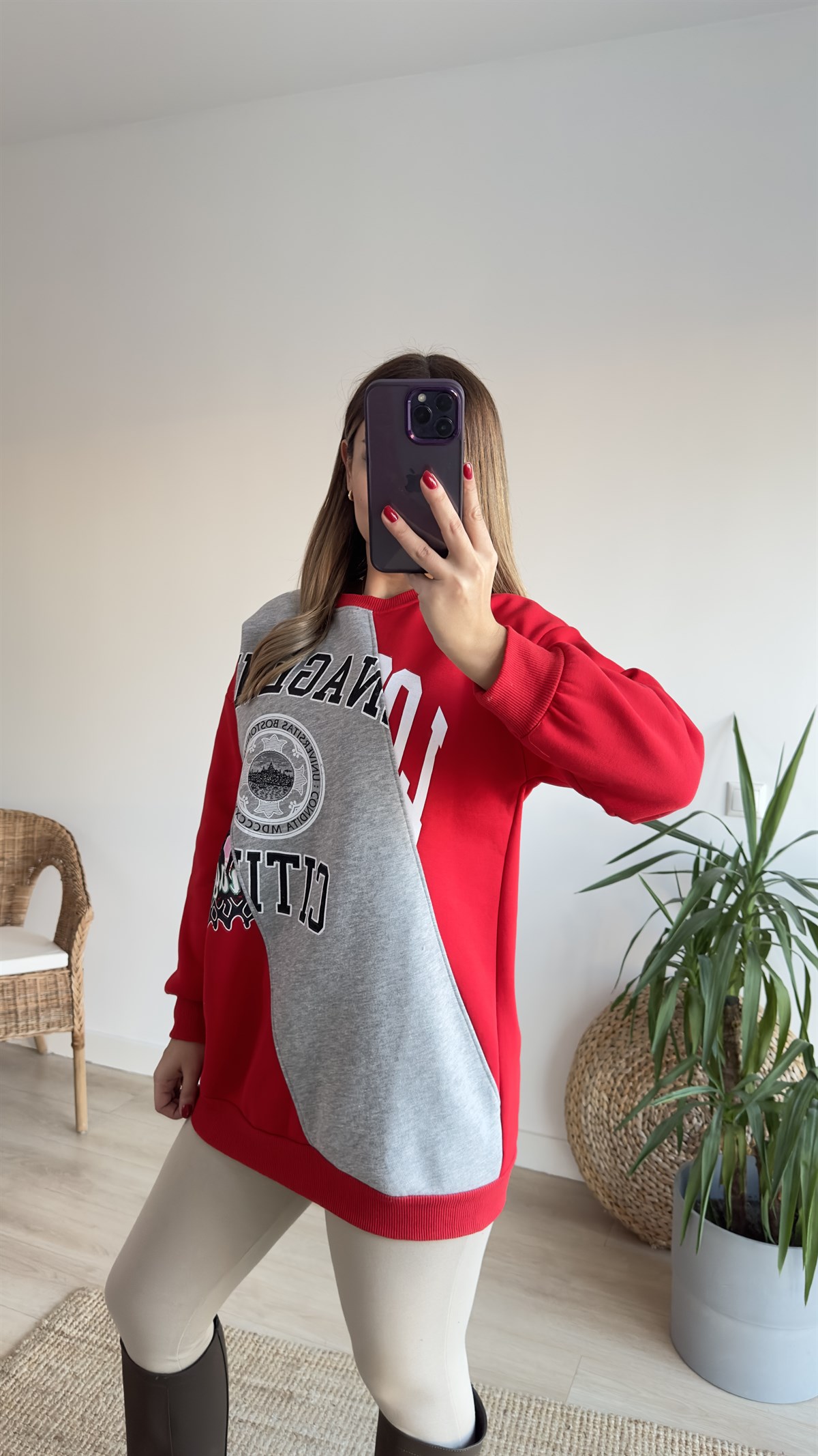 Çift Renk Baskılı Kırmızı Sweat	