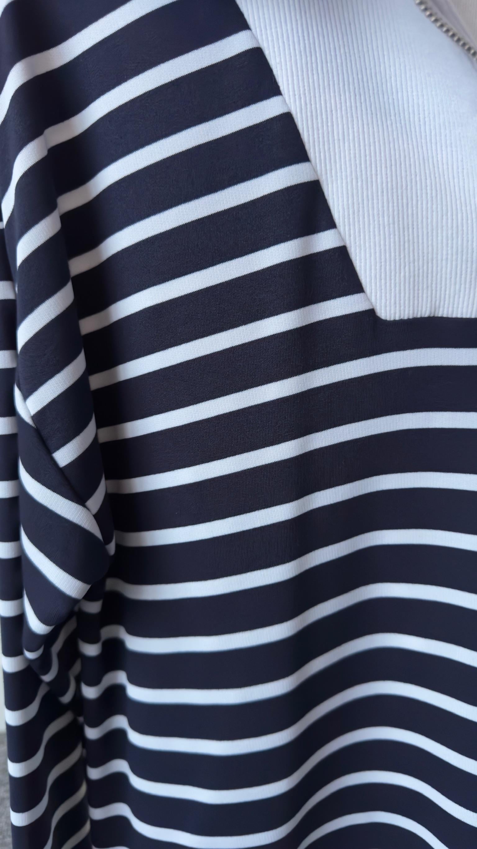 Beyaz Ribanalı Yarım Fermuar Çizgili Sweatshirt