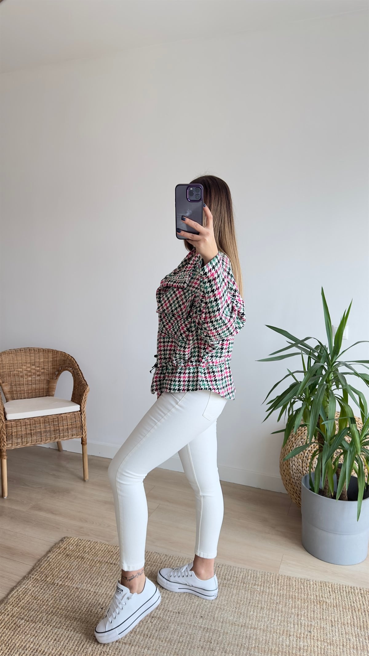 Renkli Kazayağı Desen Büzgülü Ceket
