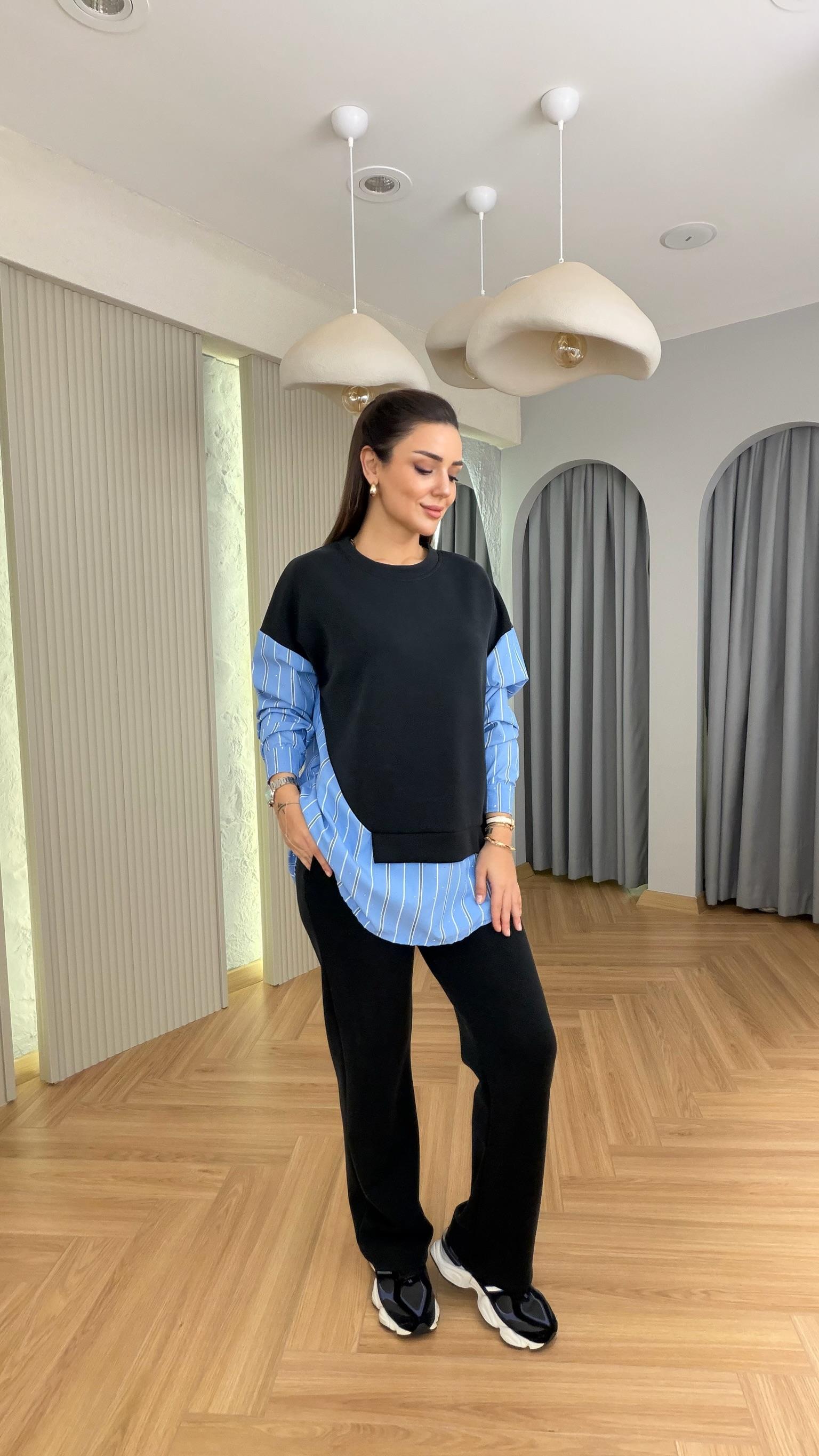 Mavi Taşlı Poplin Garnili Modal Takım