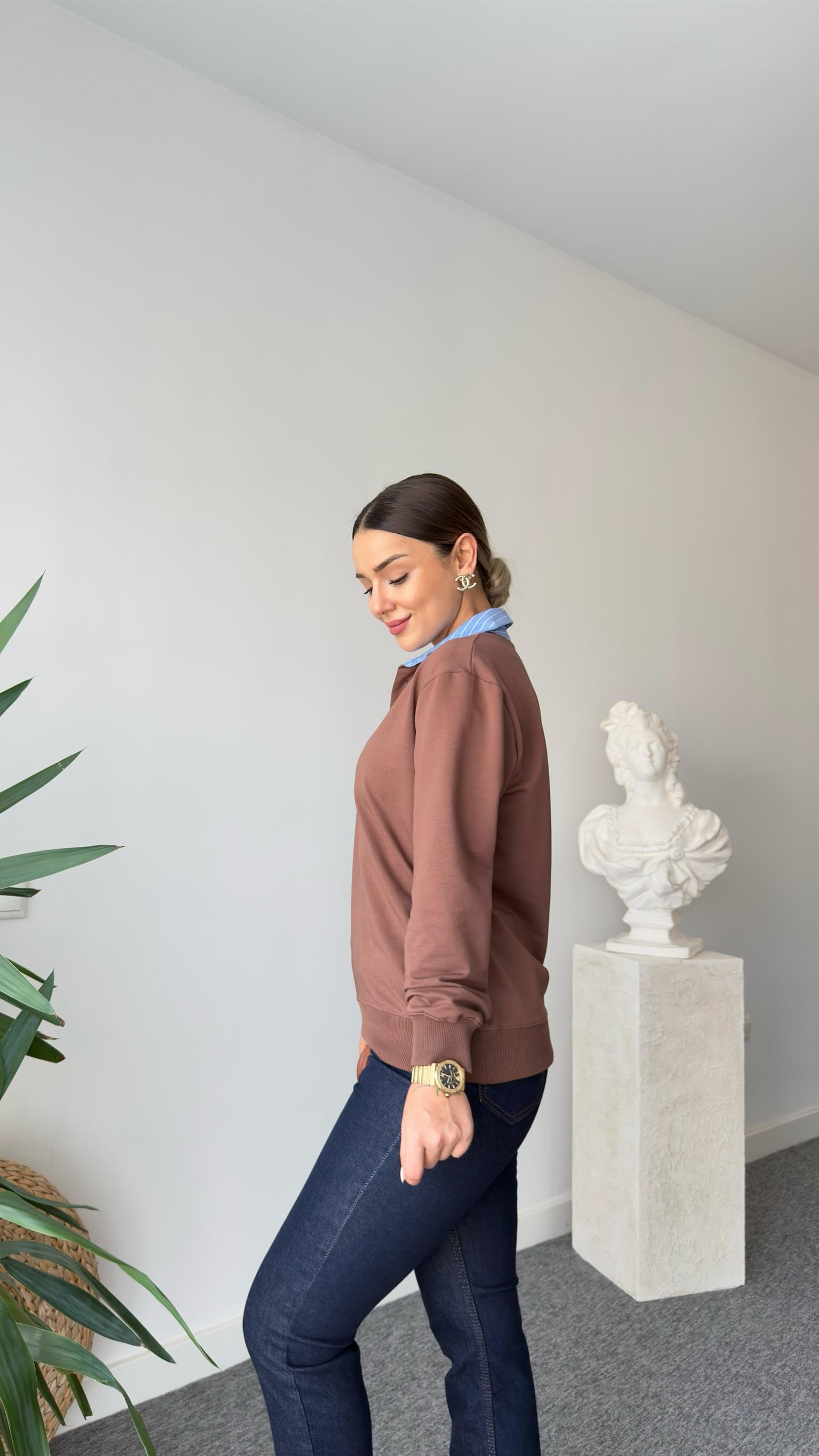 Kahve Zra Model Poplin Garnili Sweat