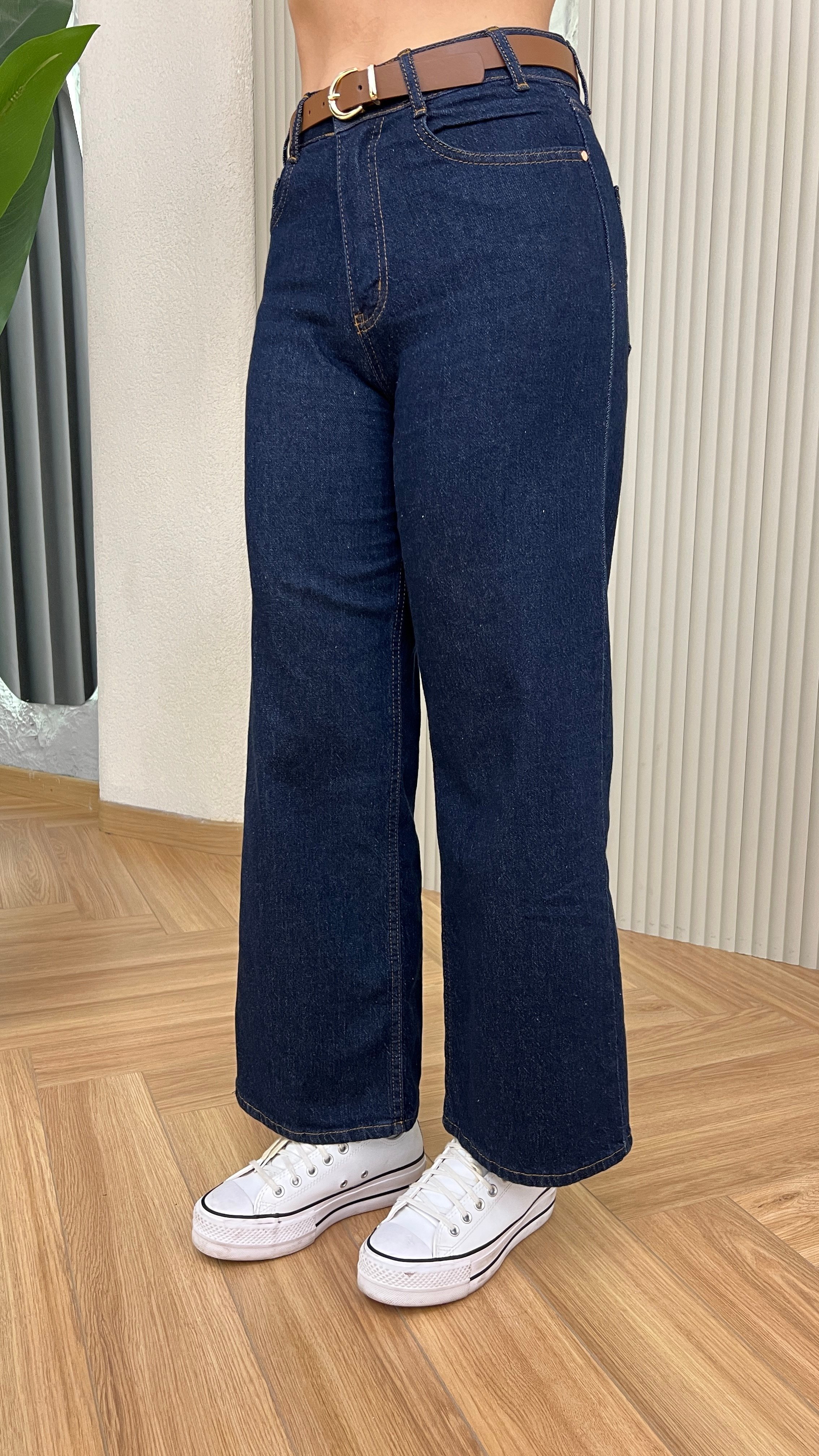 Lacivert Gina Kemer Detaylı Wide Leg Jean