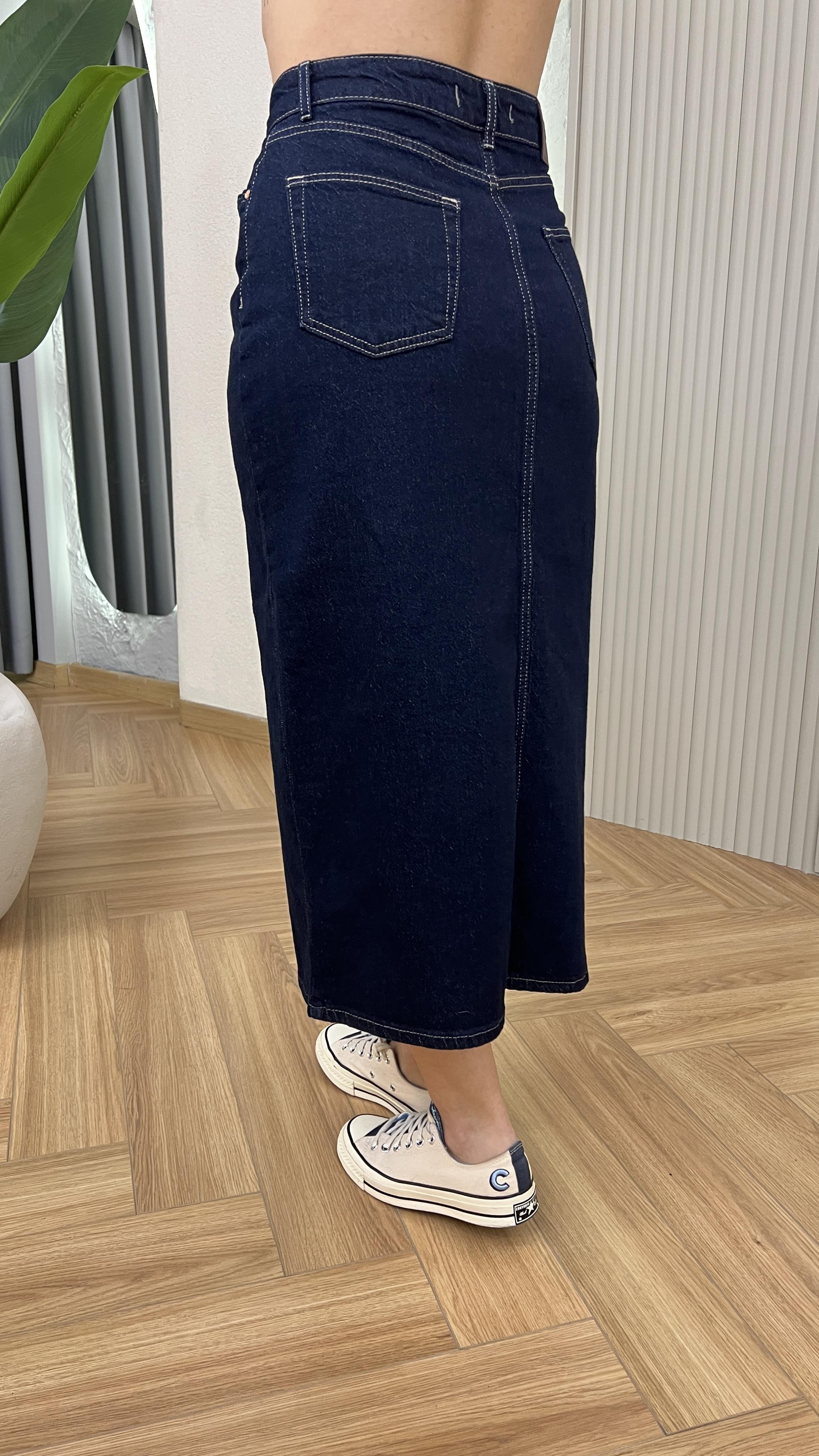 Lacivert Quince Önden Yırtmaçlı Kot Etek