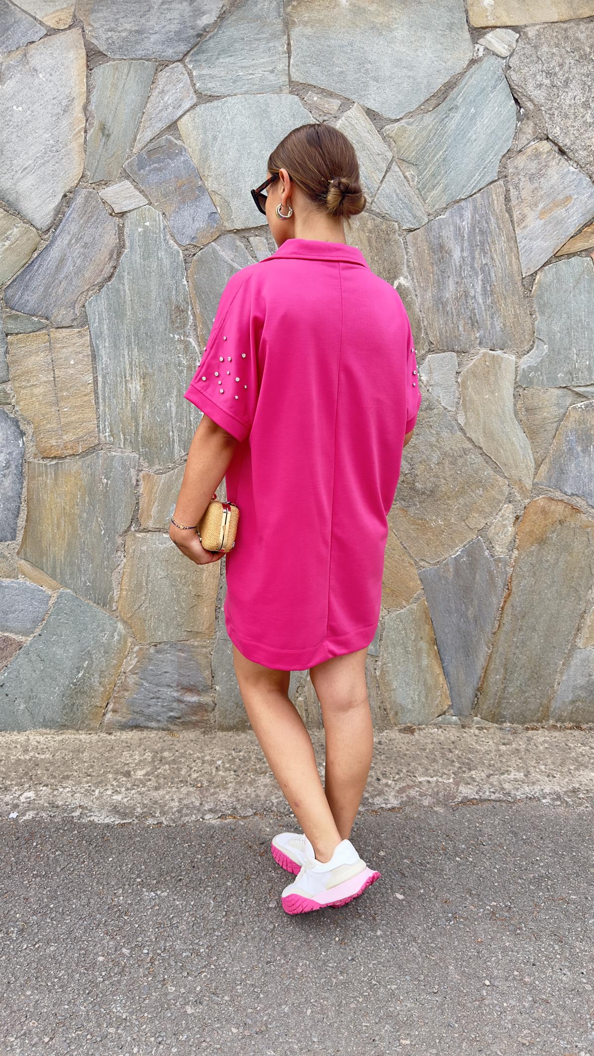Kolu Taşlı Polo Yaka Pembe Elbise 