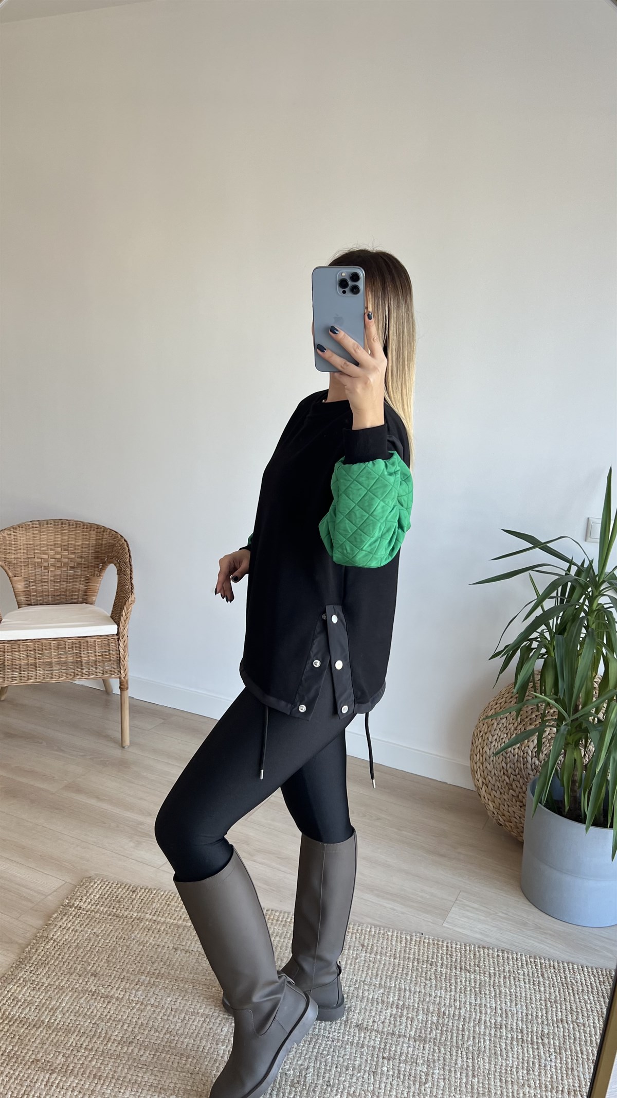  Kolları Yeşil Kapitone Tasarım Sweat 