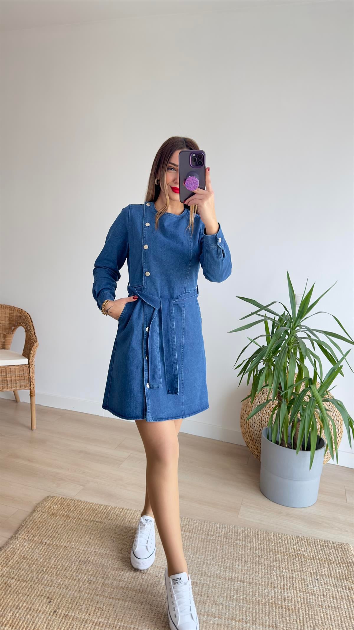 Düğmeli Mavi Denim Elbise