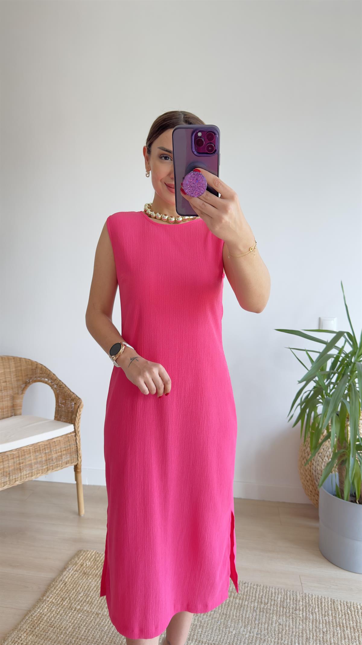 Yırtmaçlı Pembe Basic Elbise