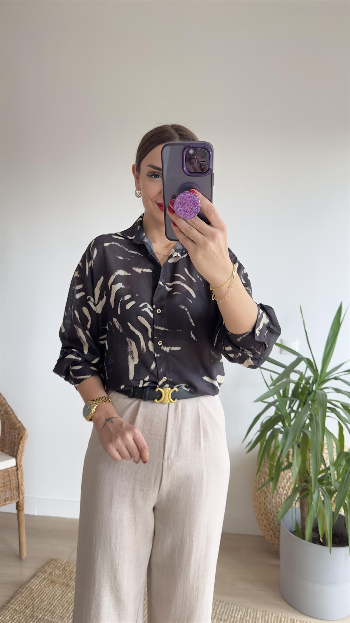Fiona Desenli Siyah Vual Gömlek