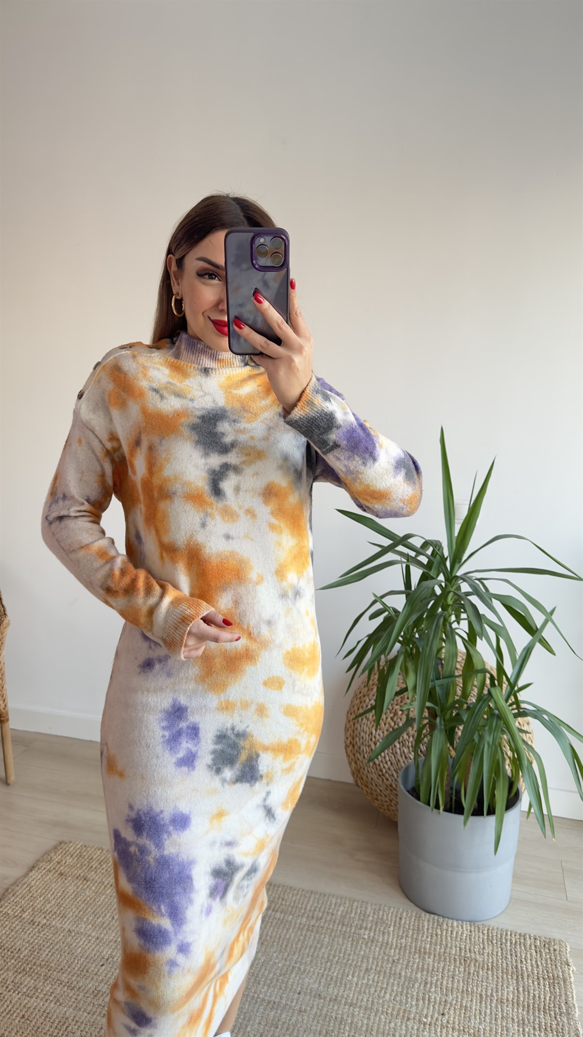 Yaka Düğmeli Batik Desen Elbise 