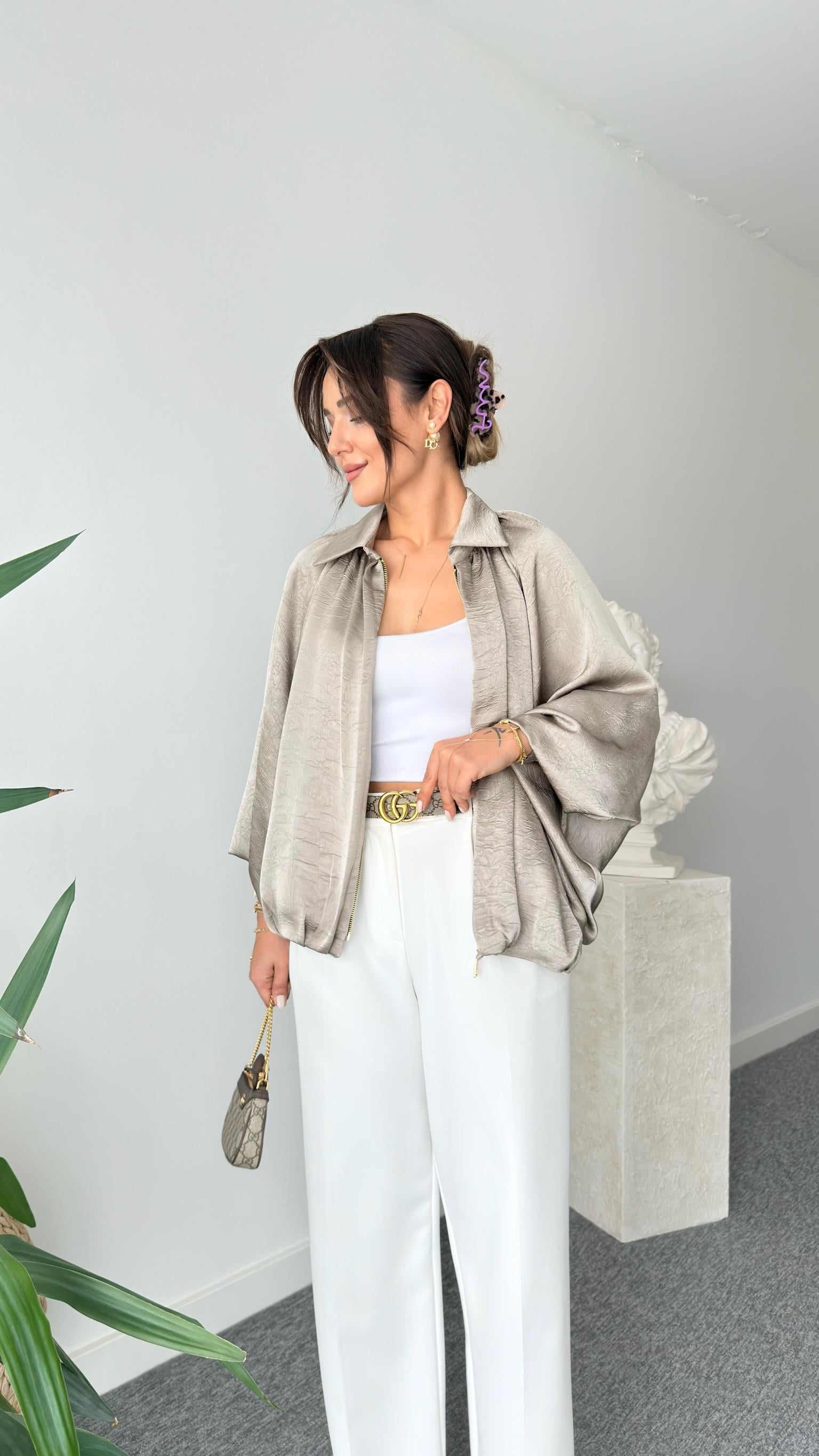 Haki Seru Zra Model Oversize Saten Ceket  