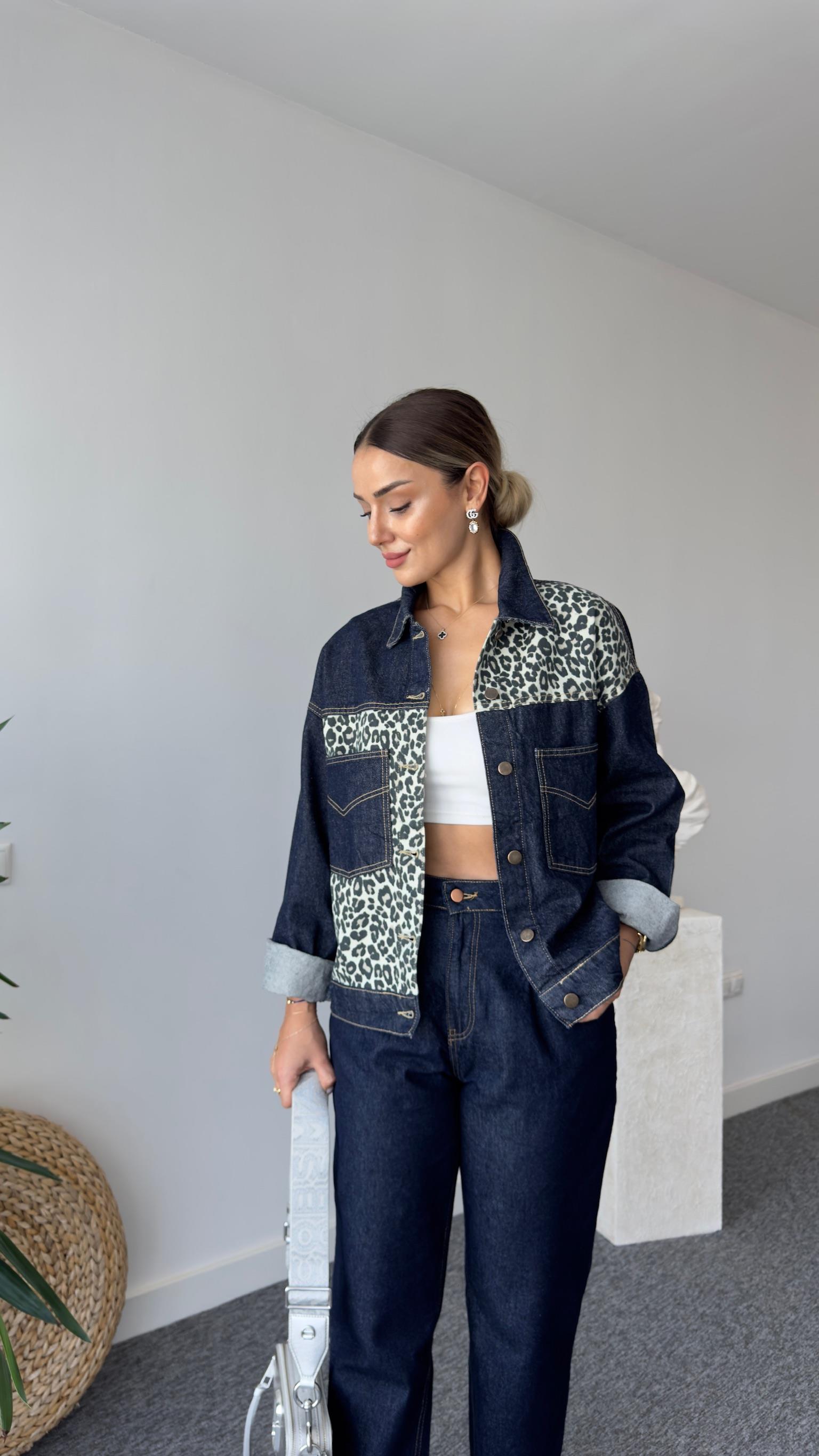 Marya Leopar Detaylı Lacivert Jean Ceket