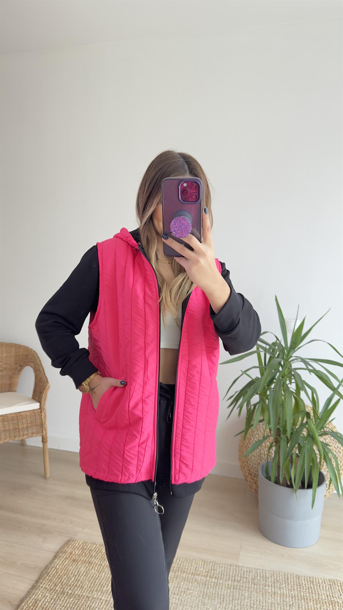 Penye Detaylı Pembe Kapitone Ceket