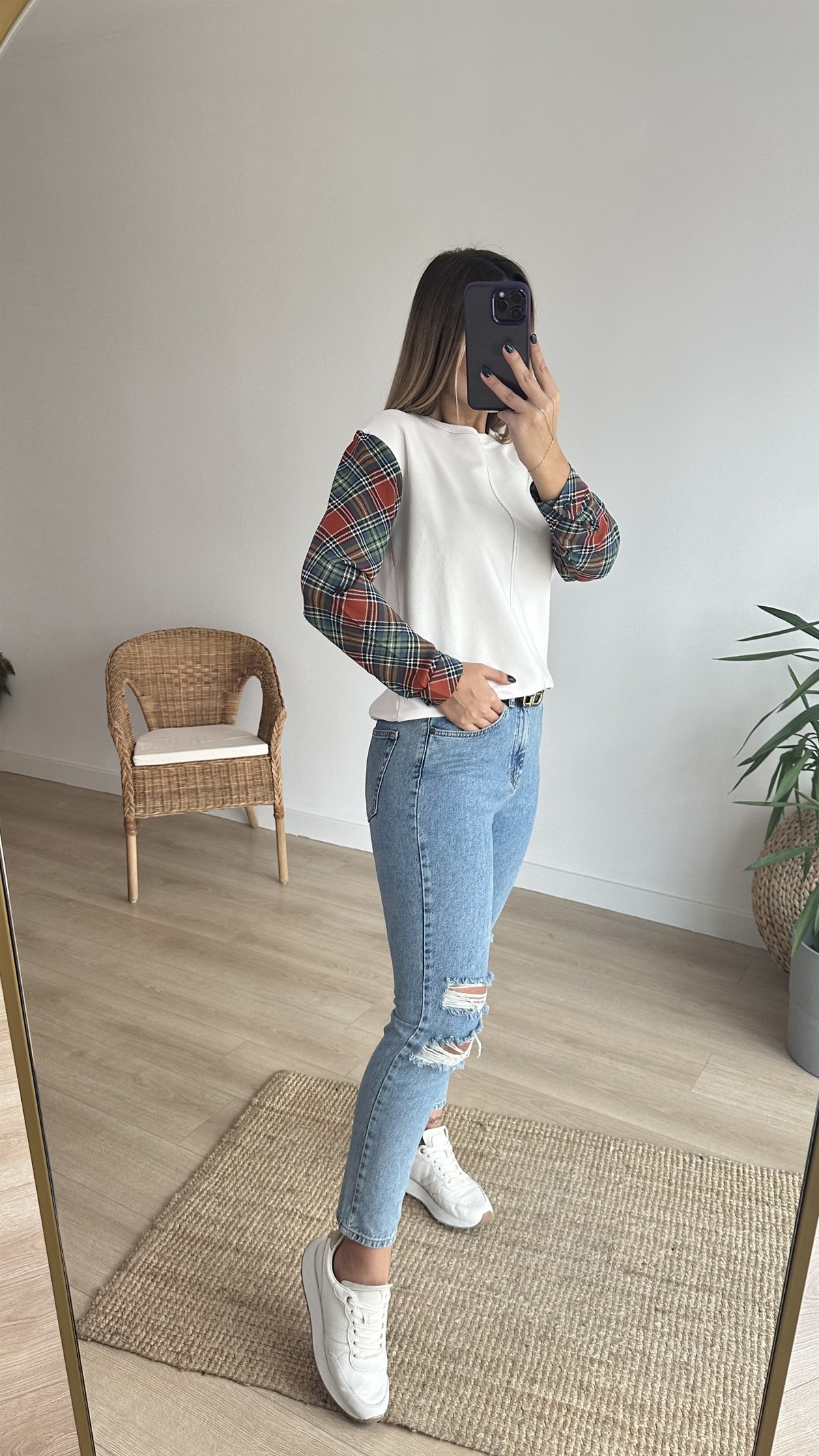Kolları Ekose Desen Ekru Sweat
