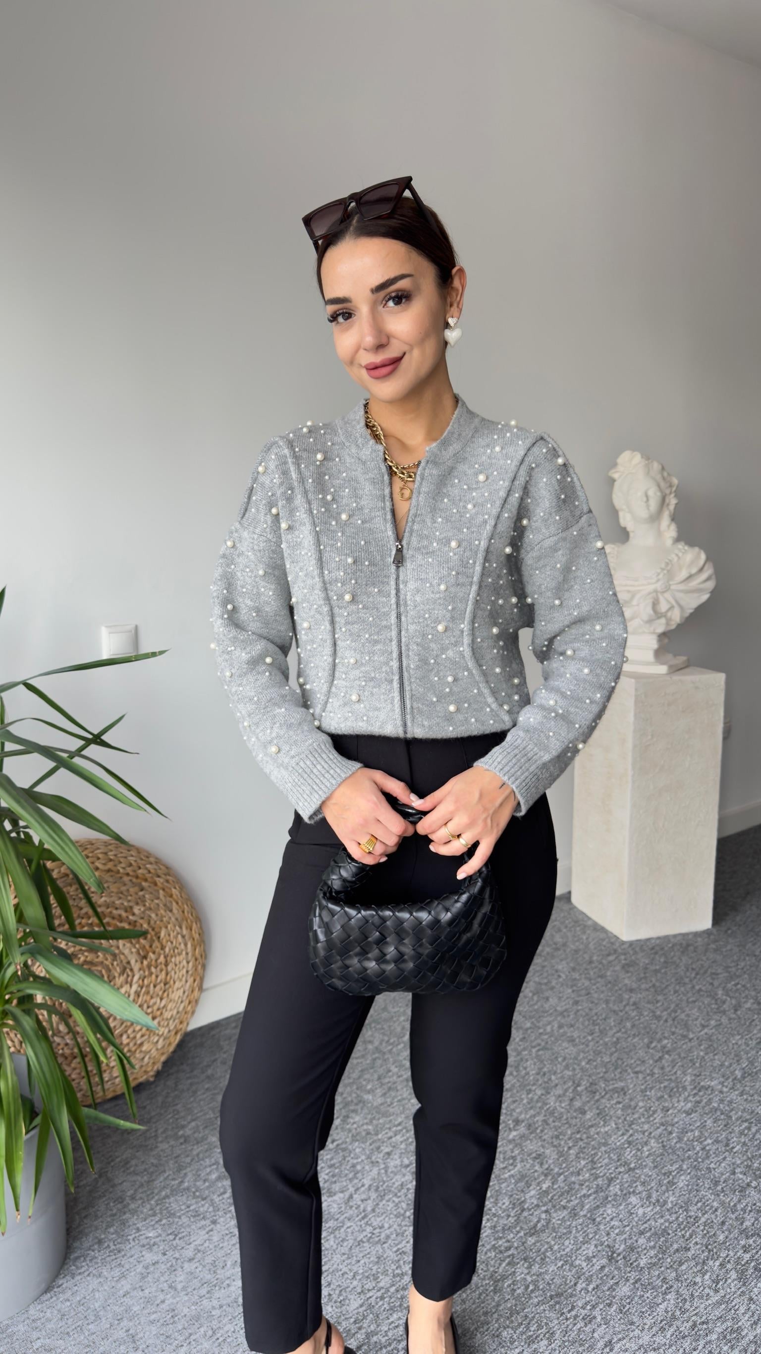 Zra Model İncili Gri Triko Hırka 