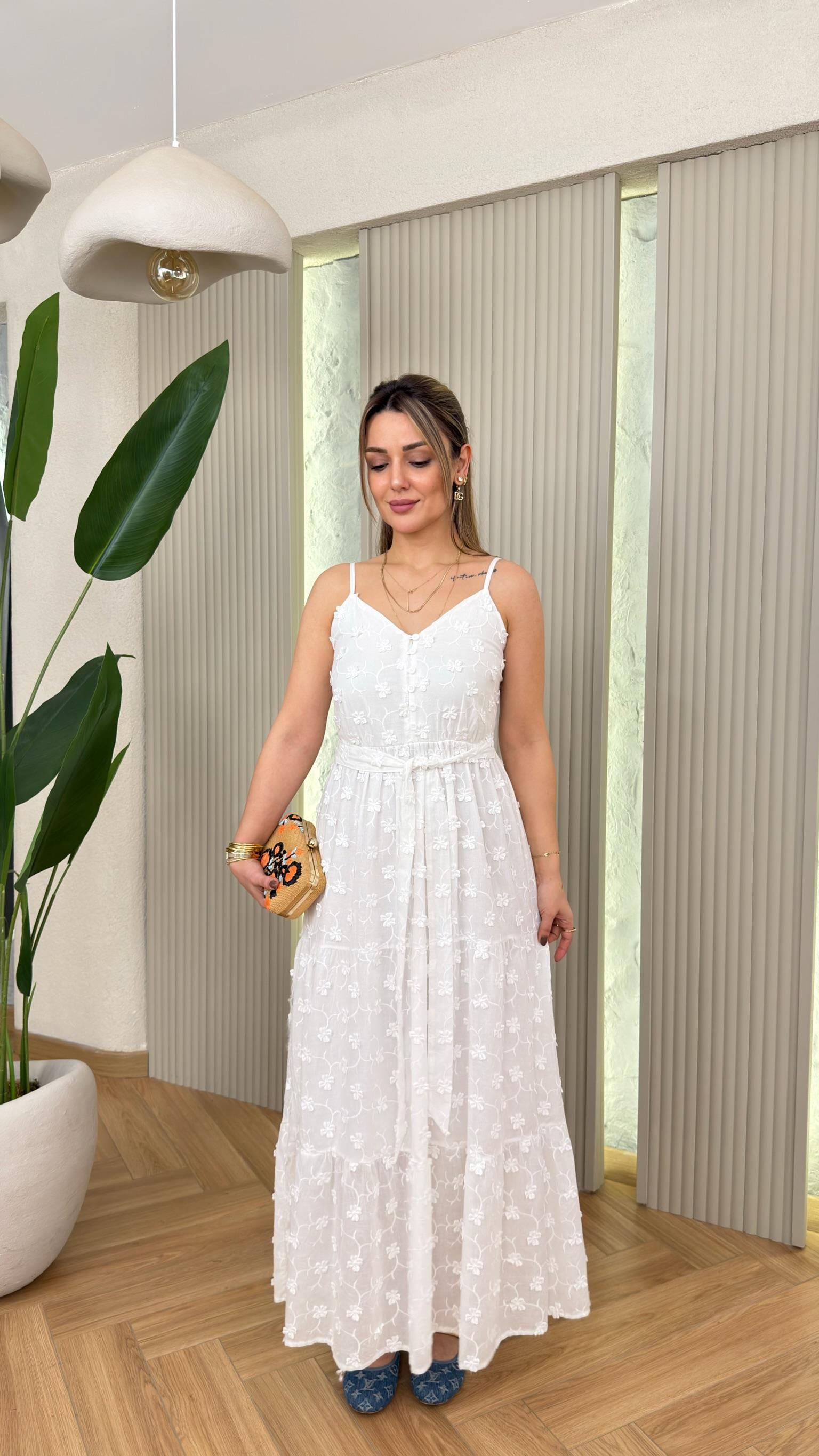 Lelia Çiçek İşlemeli Ekru Elbise