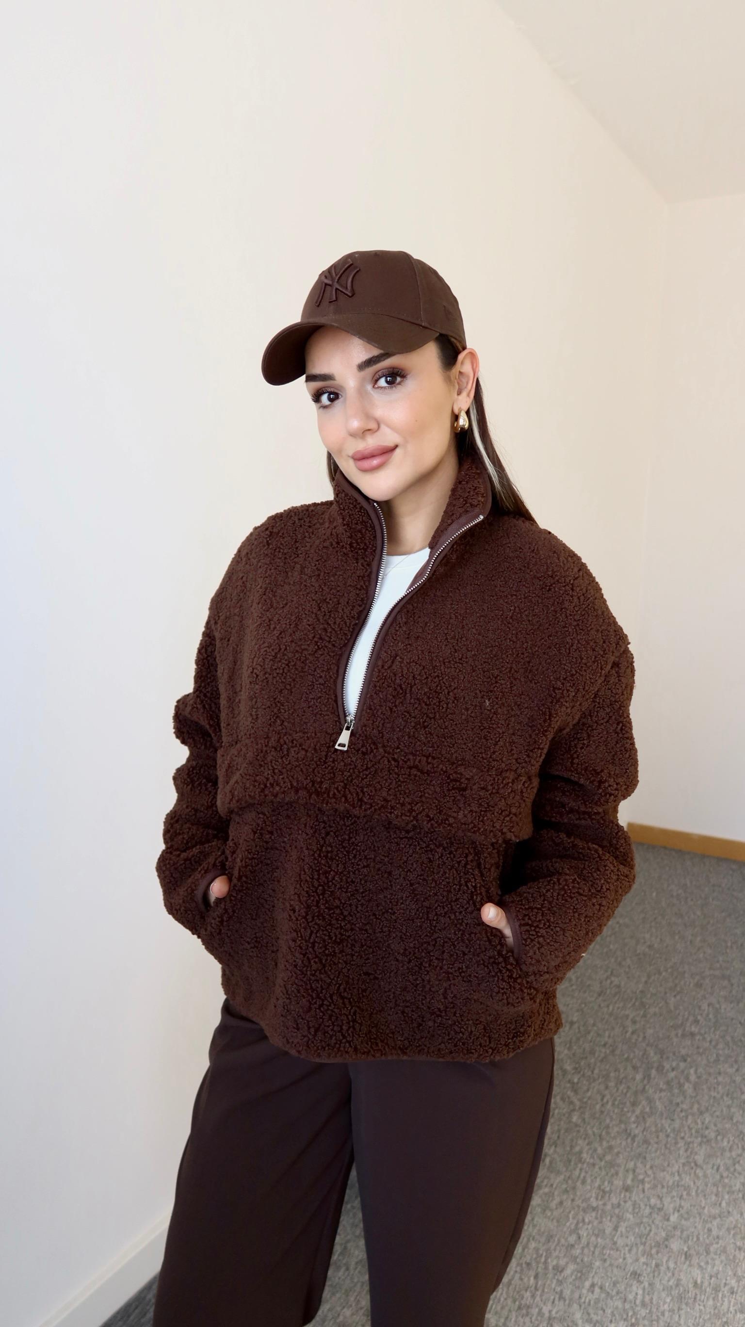 Kahve Yarım Fermuarlı Teddy Sweatshirt