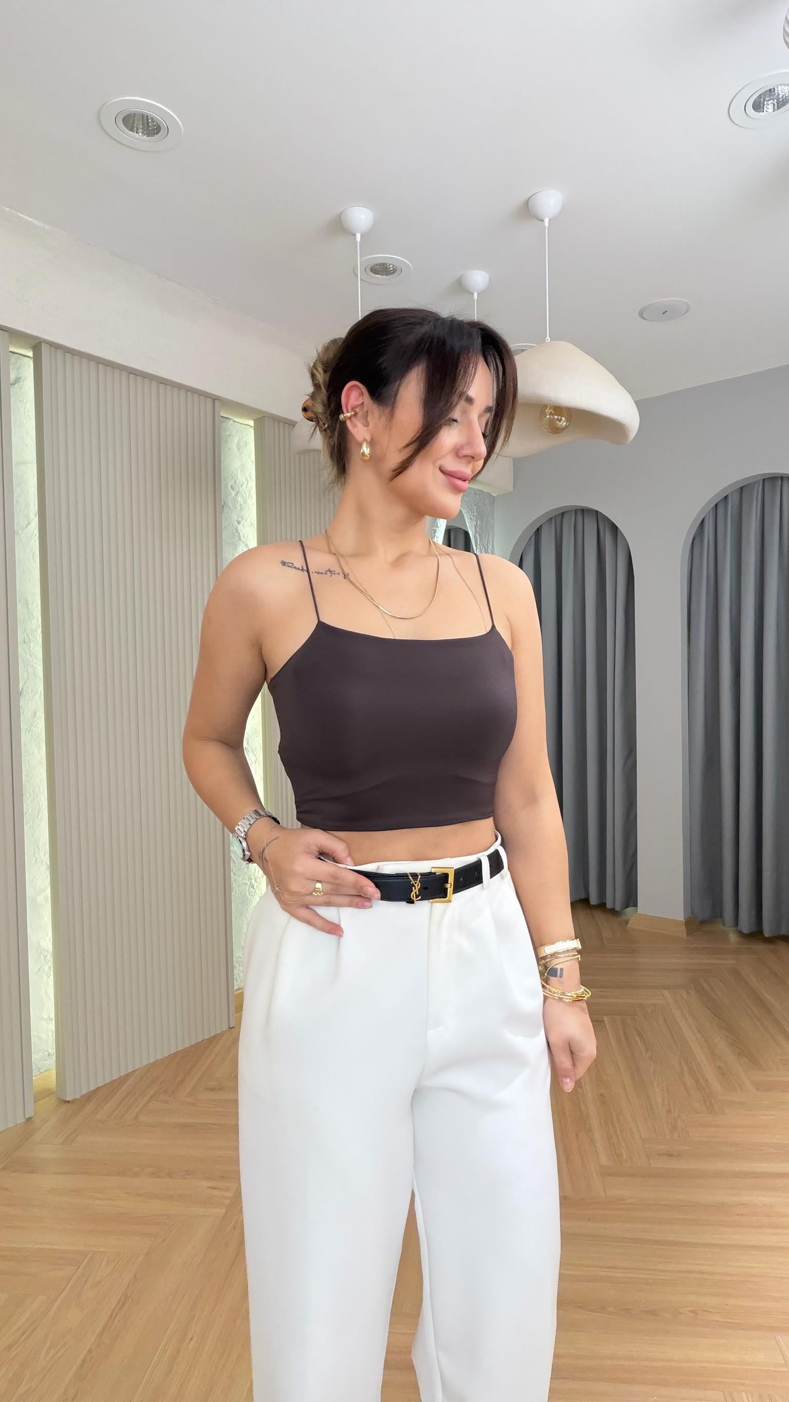 Kahve İnce Askılı Crop