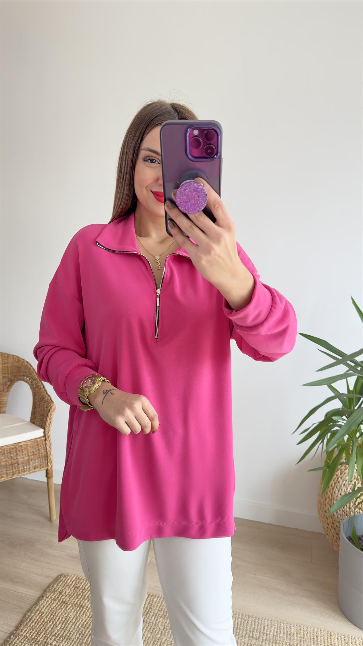 Fuşya Fermuarlı Mevsimlik Modal Sweat