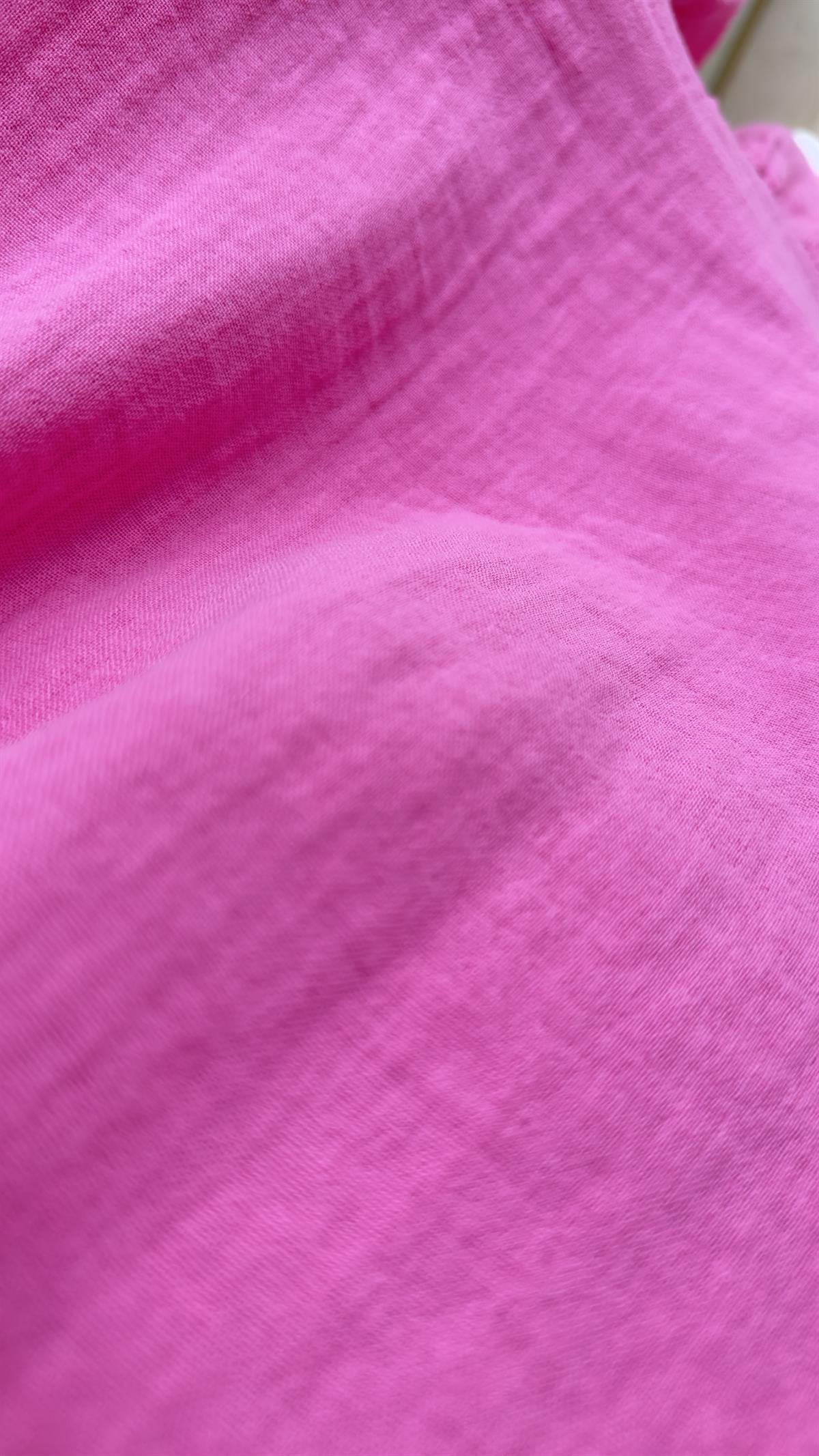 Eteği Fırfırlı Pembe Keten Elbise 