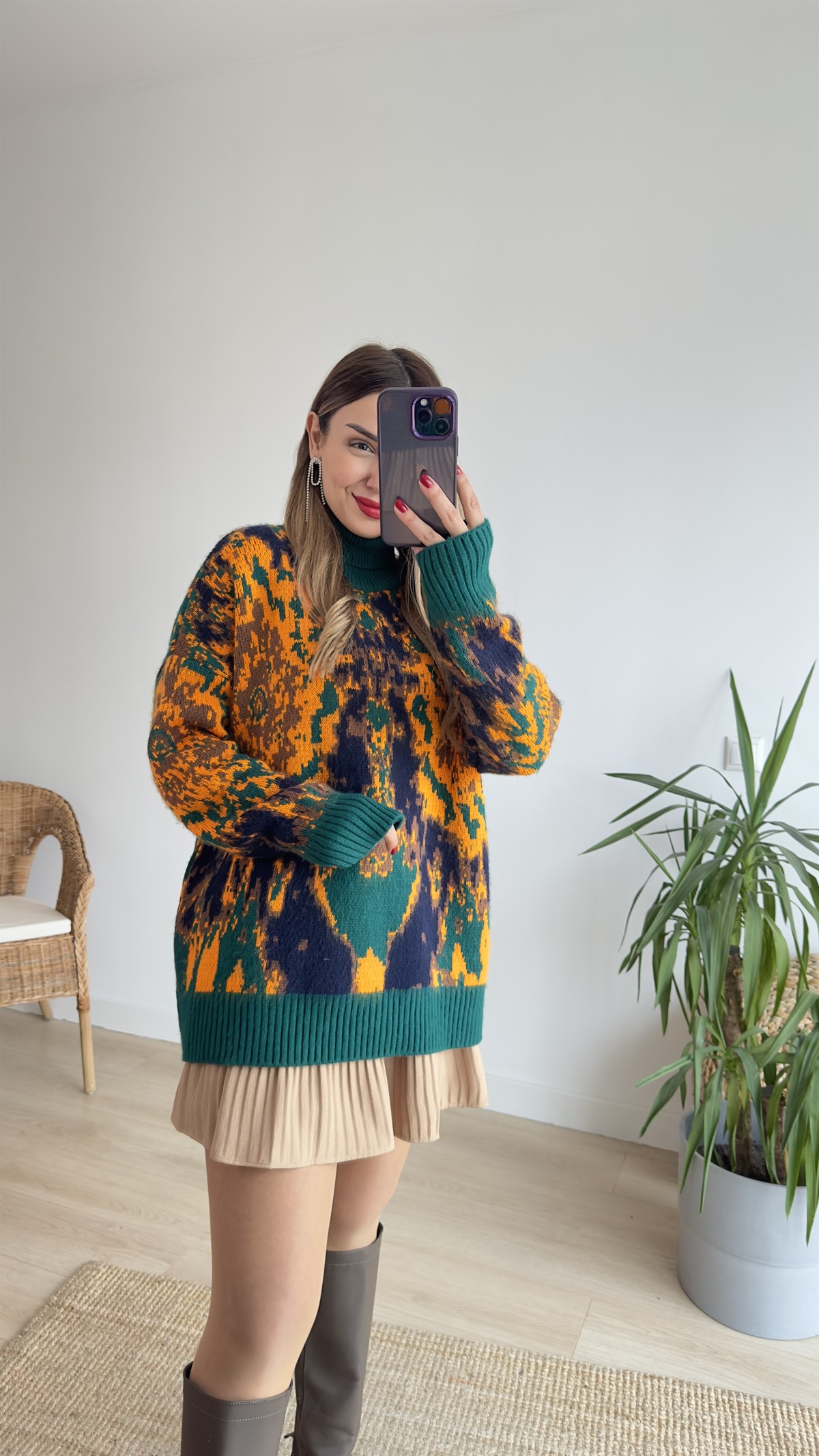 Yeşil Ebru Desenli Boğazlı Kazak