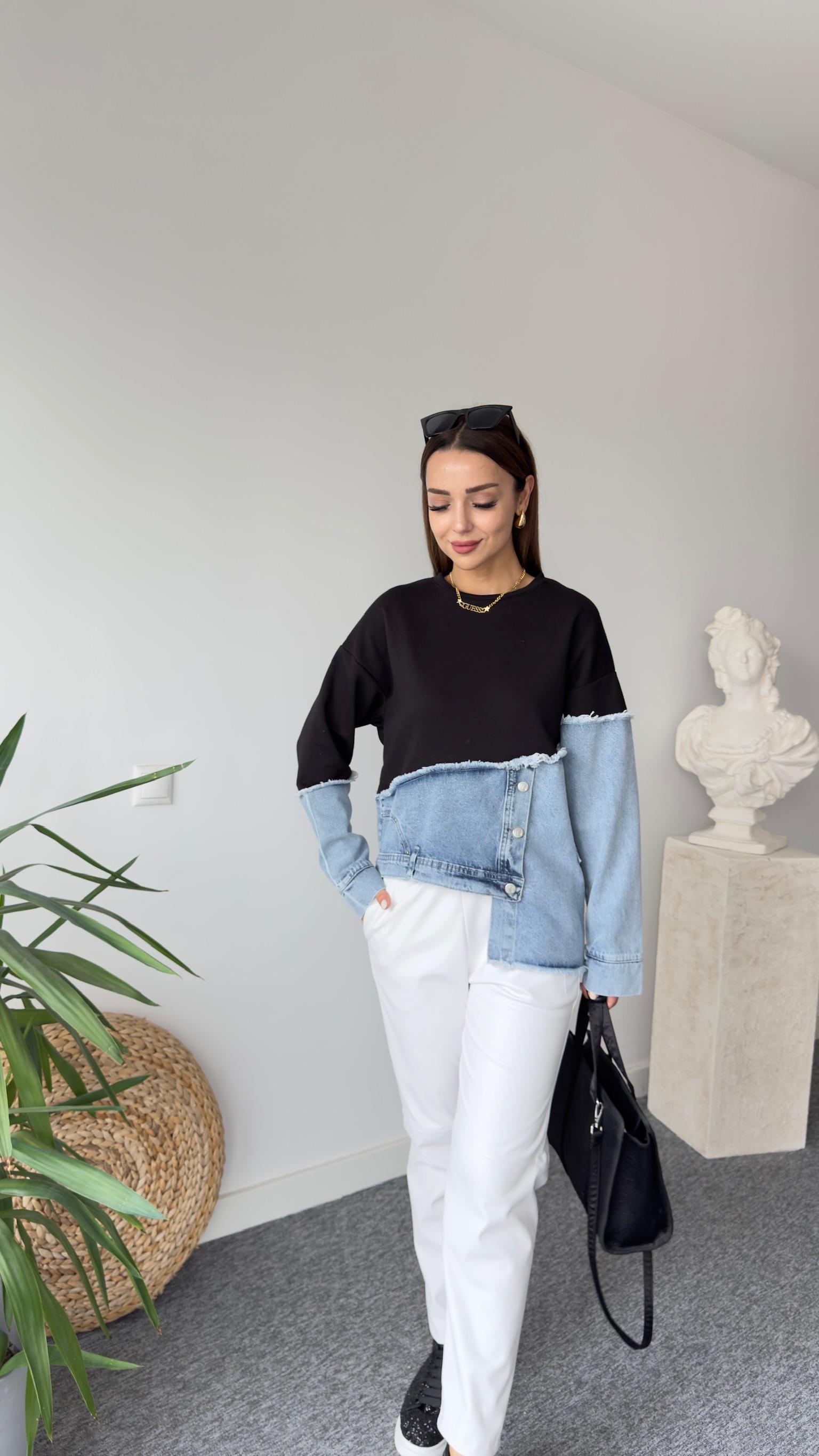 New Asimetrik Kot Detay Siyah Tasarım Sweat