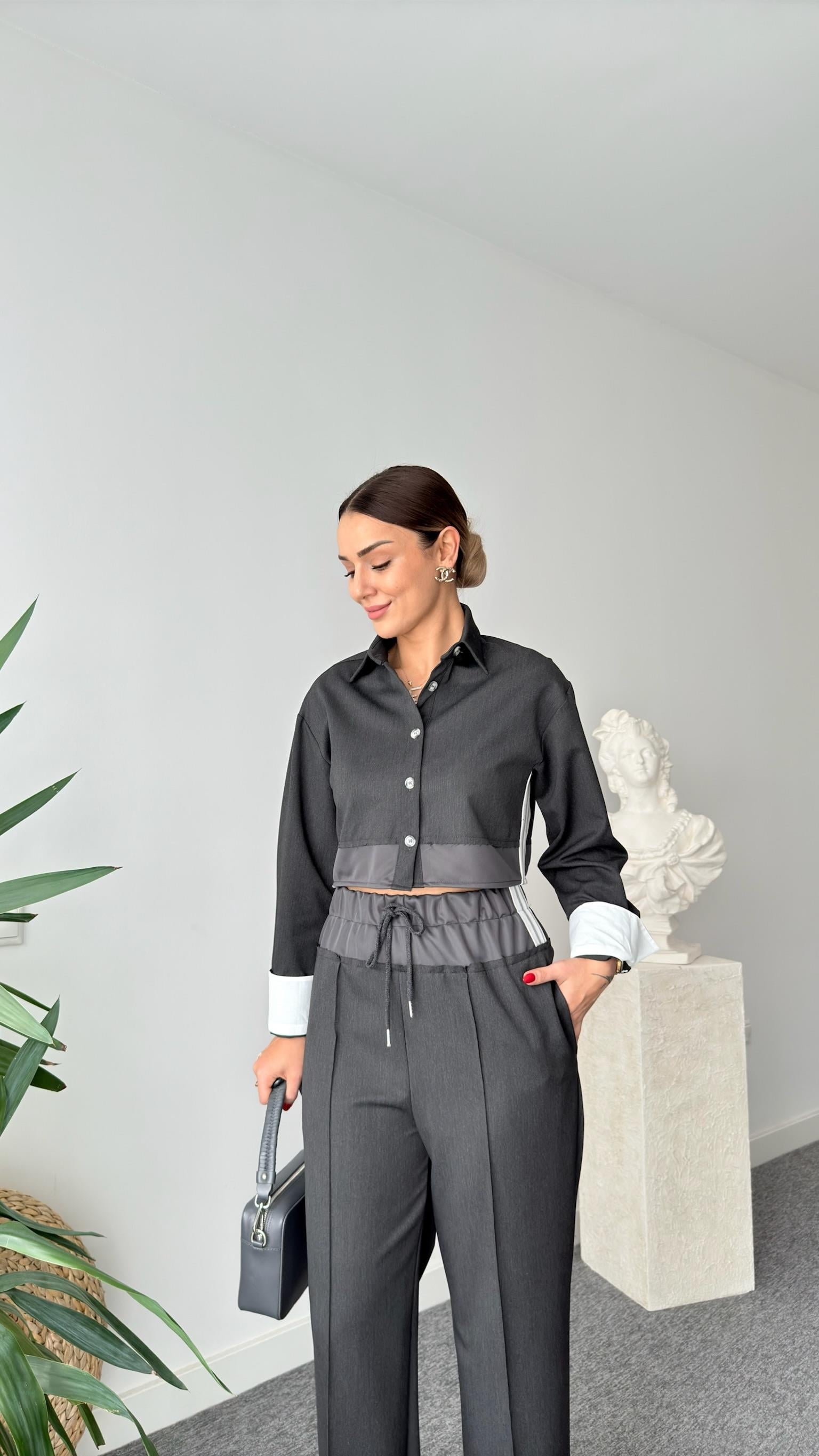 Antrasit Yanı Şerit Detaylı Gömlek