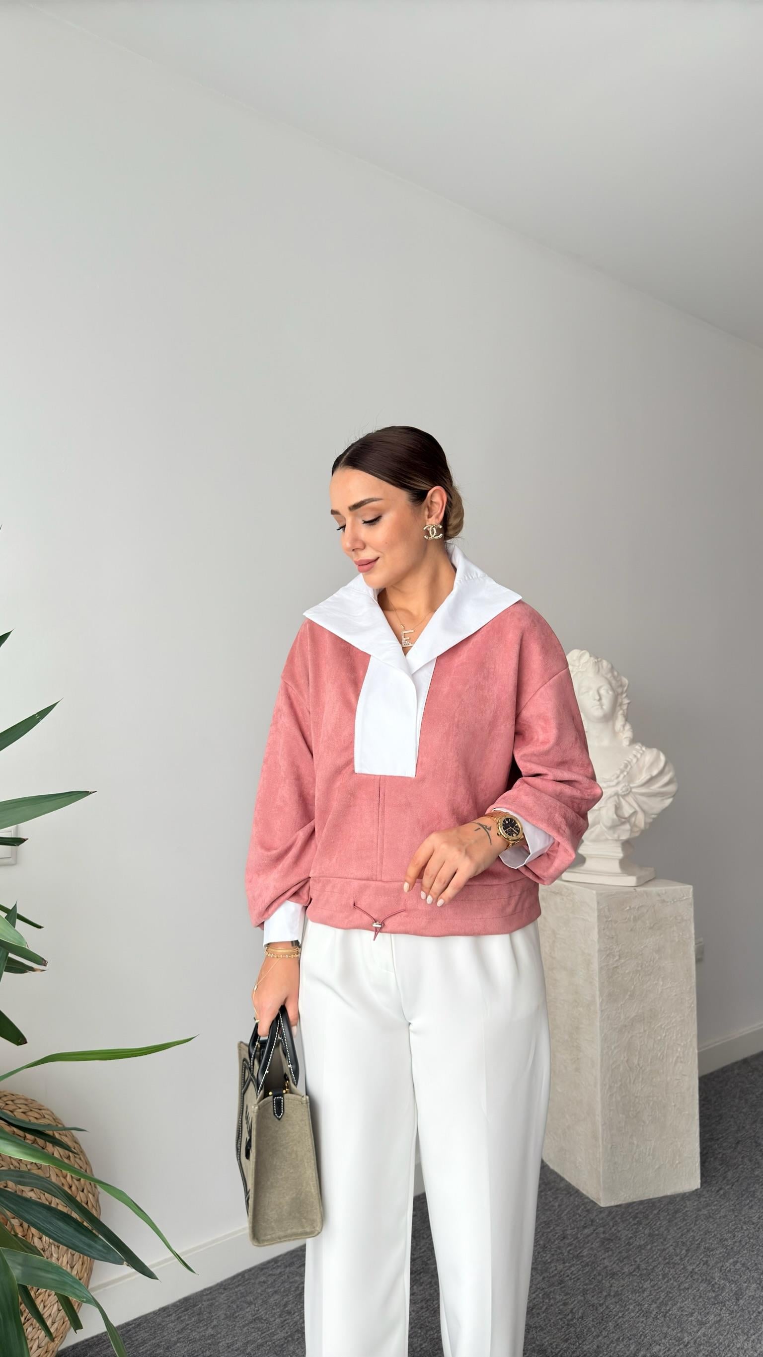 Gömlek Yaka Süet Pudra Sweat