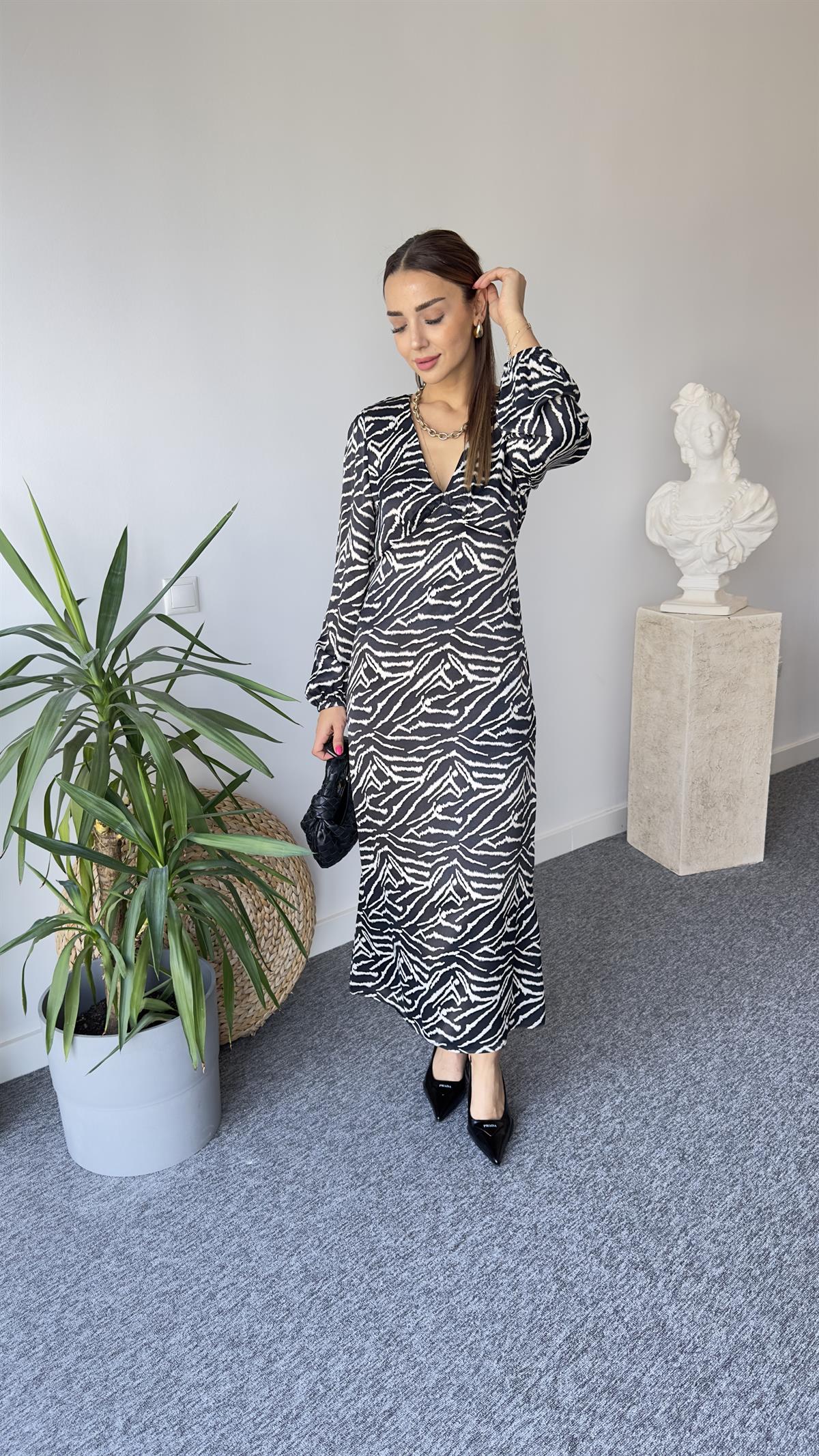 Saten V Yaka Zebra Desen Elbise