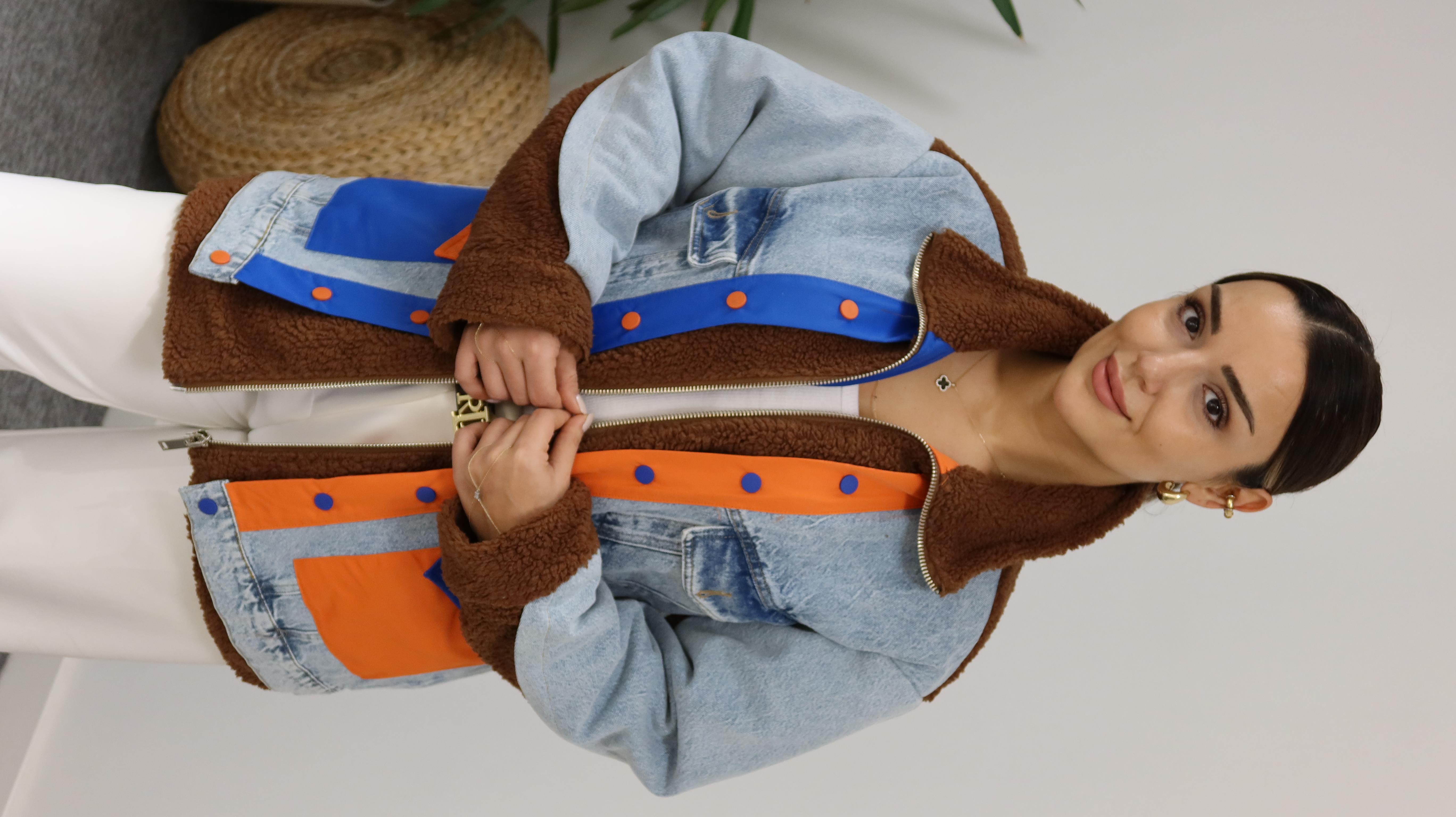 Kahve Denim Mix Turuncu Detay Peluş Mont 