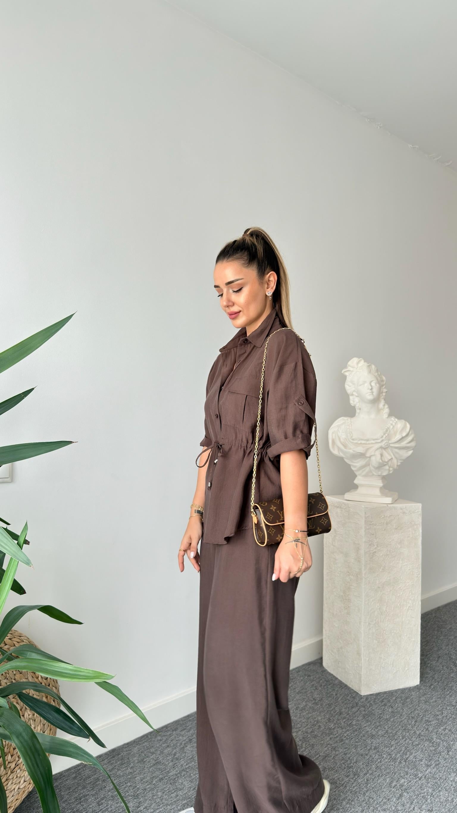 Kahve Breva Bel Büzgülü Tensel Takım