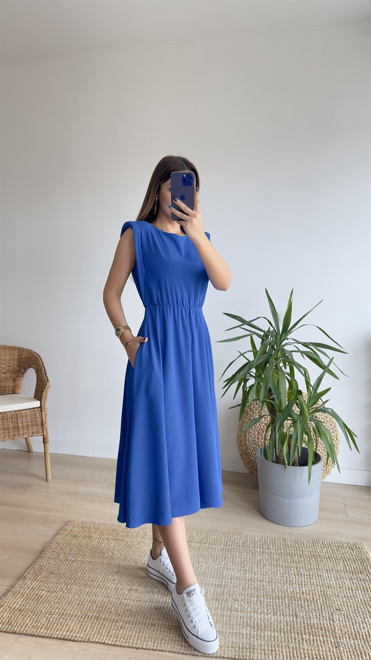 Beli Lastikli Vatkalı Mavi Basic Elbise 