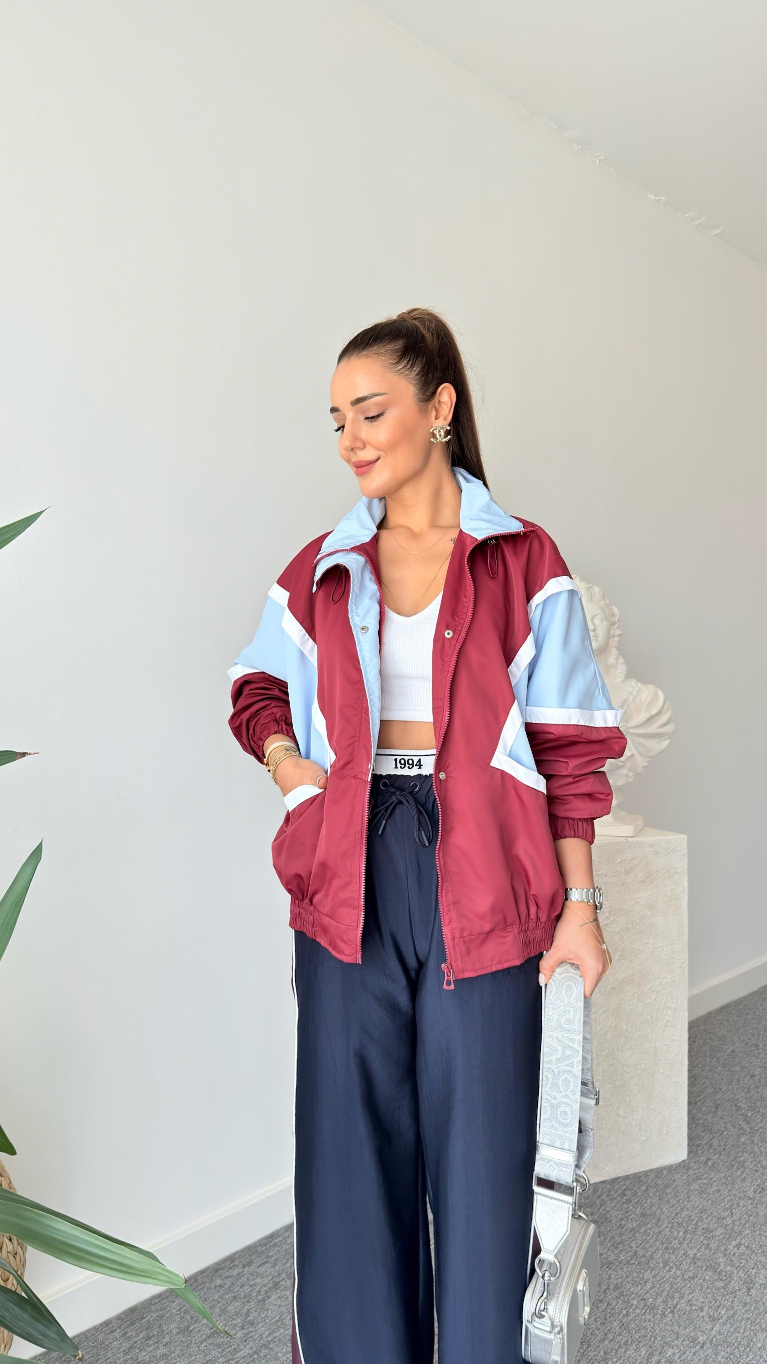 Bordo Ceare Blok Renkli Oversize Ceket