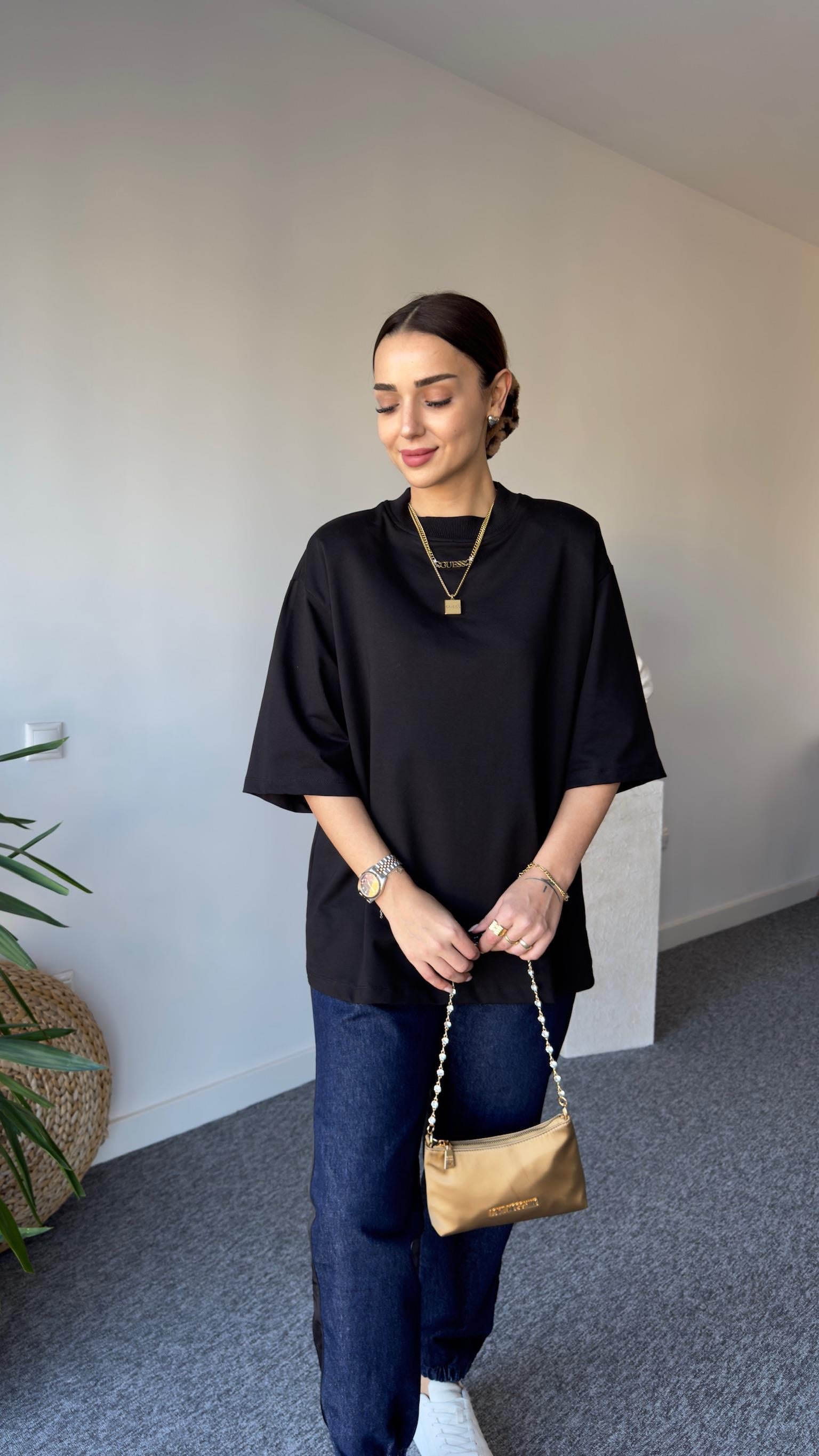 Vatkalı Premıum Siyah Basic Tshirt