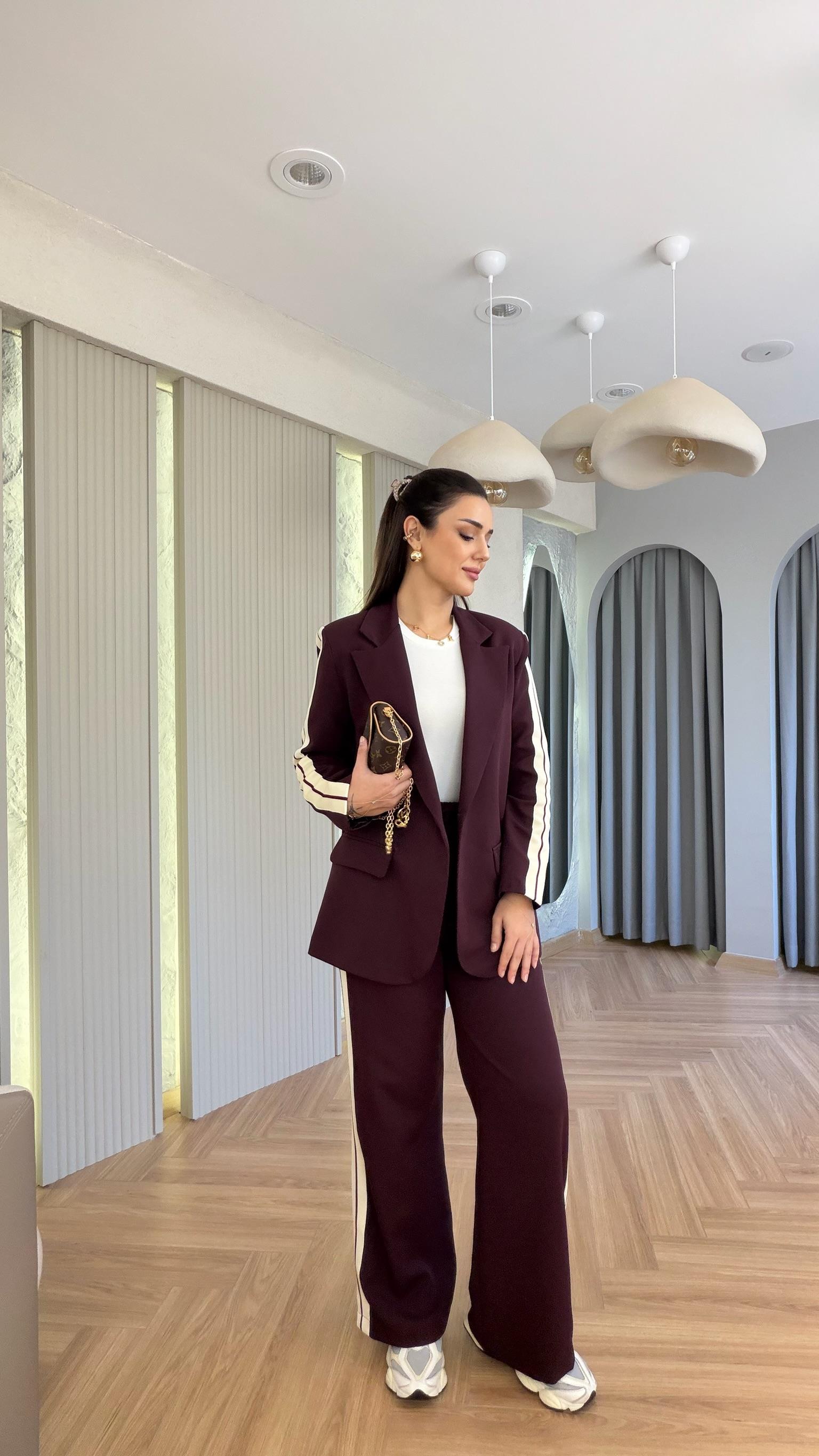 Bordo Materi Şerit Detaylı Ceket Pantolon Takım