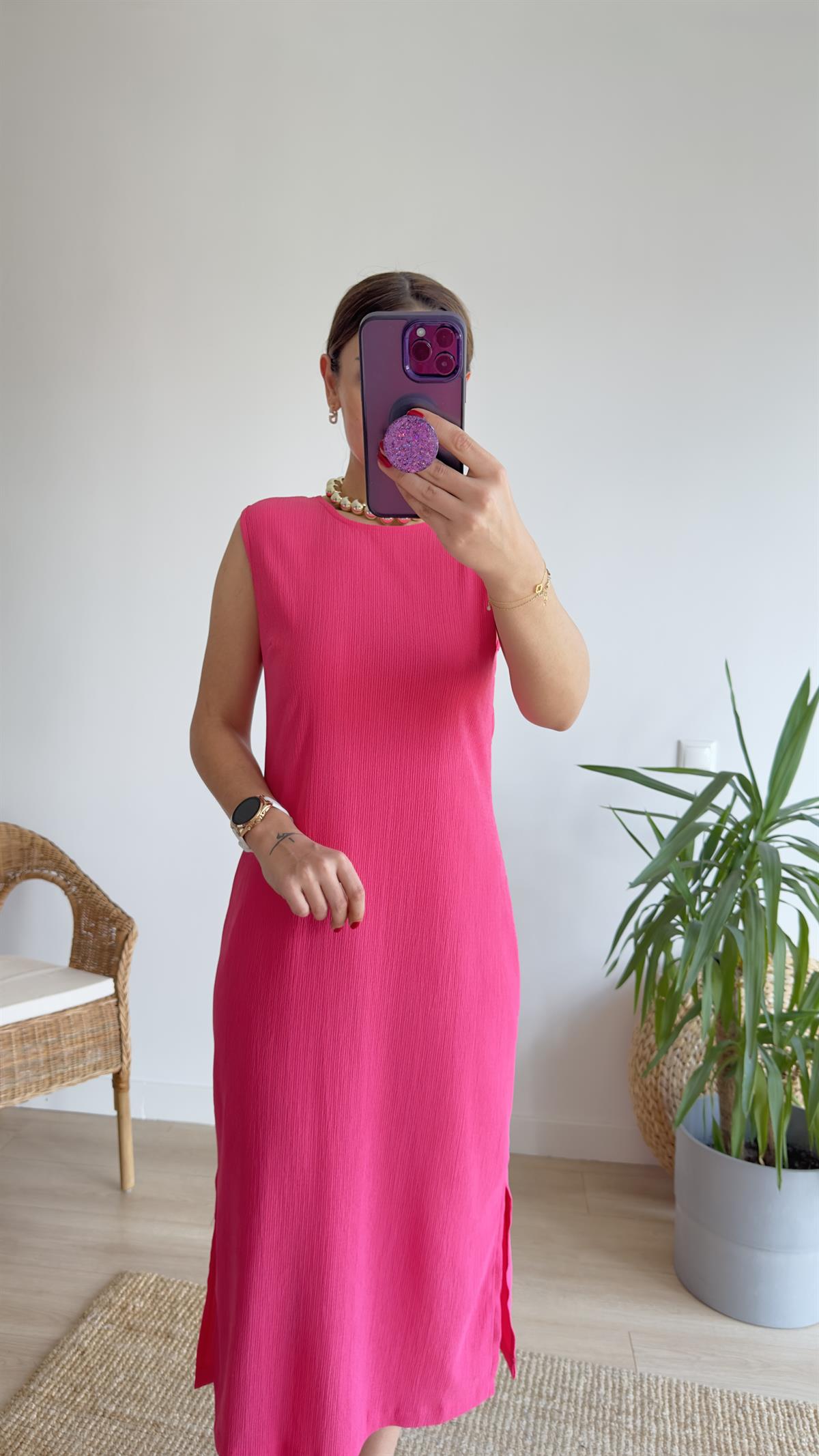 Yırtmaçlı Pembe Basic Elbise