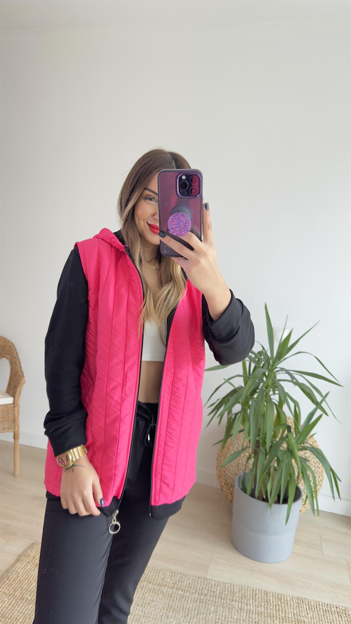 Penye Detaylı Pembe Kapitone Ceket