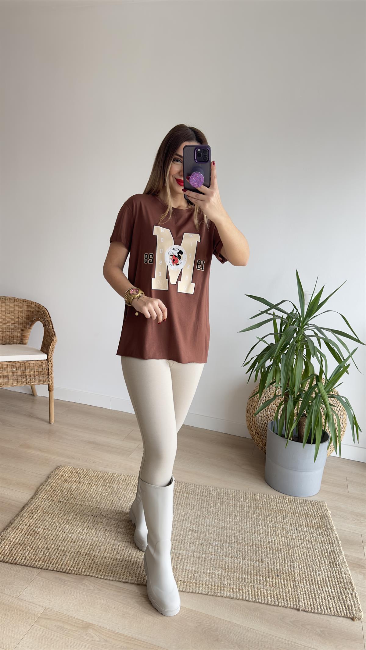 M Baskı Kahve Tshirt