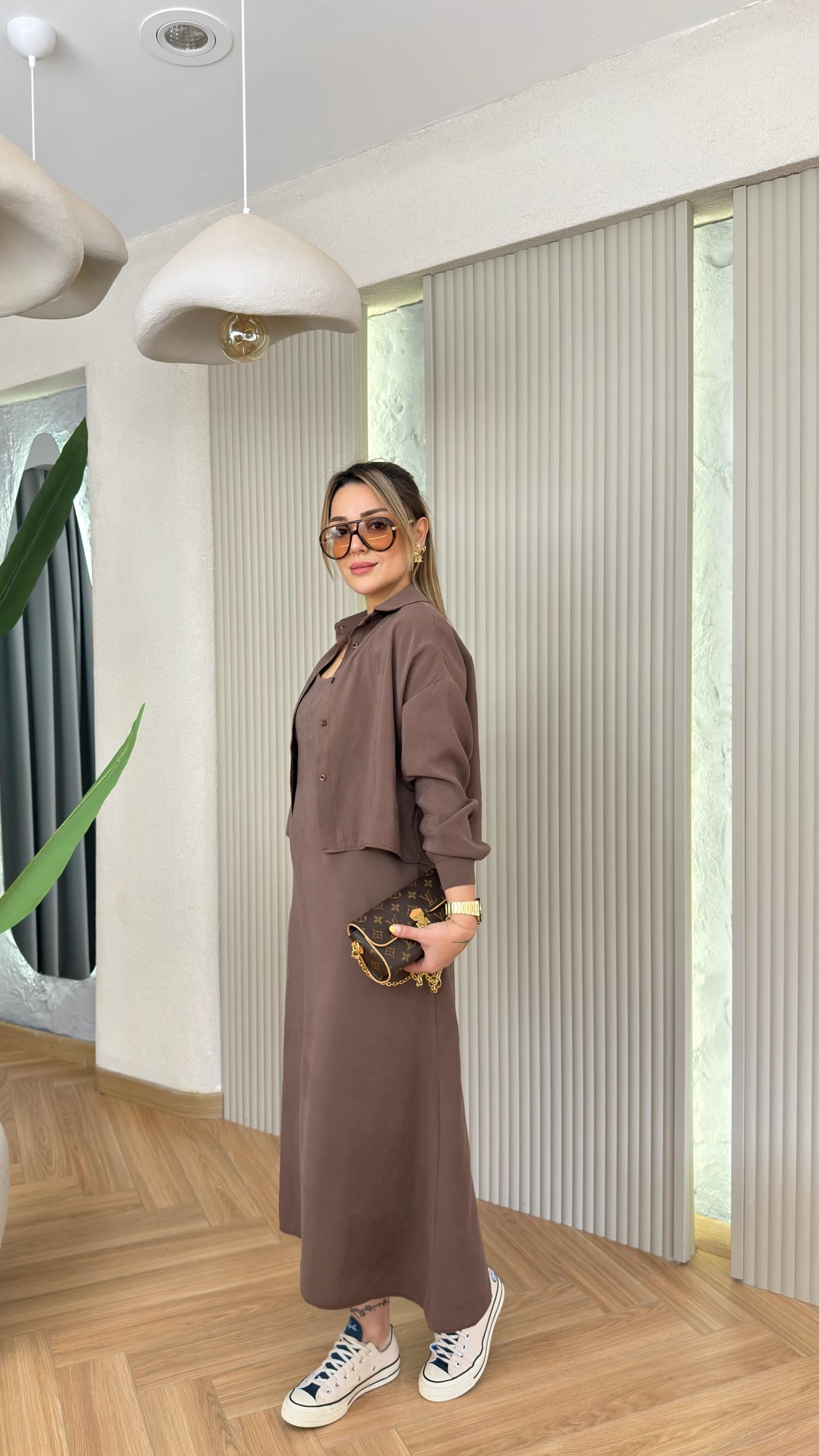 Kahve Kenedy Gömlek Elbise Takım
