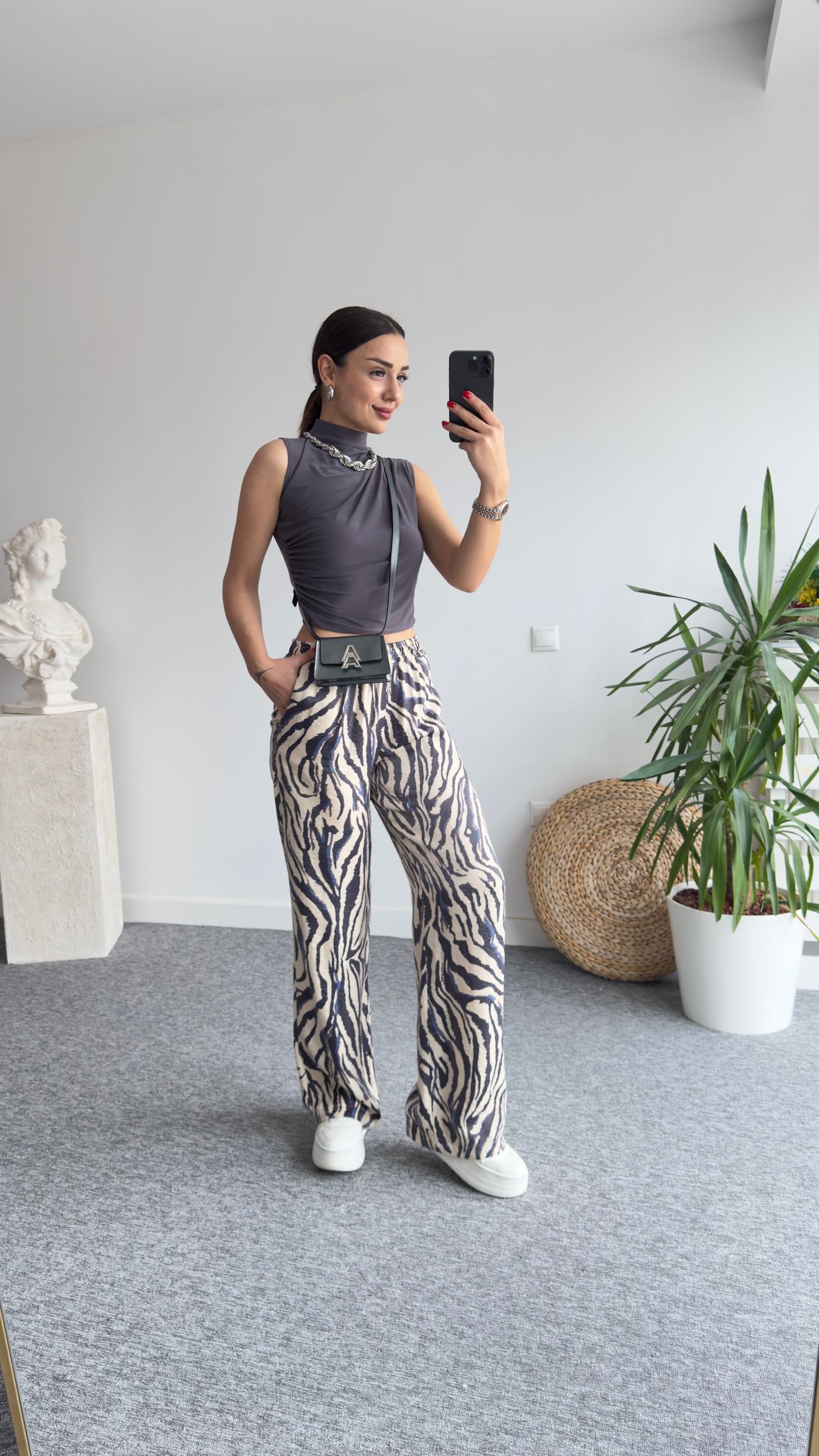 Mavi Zebra Desen Bel Lastikli Pantolon