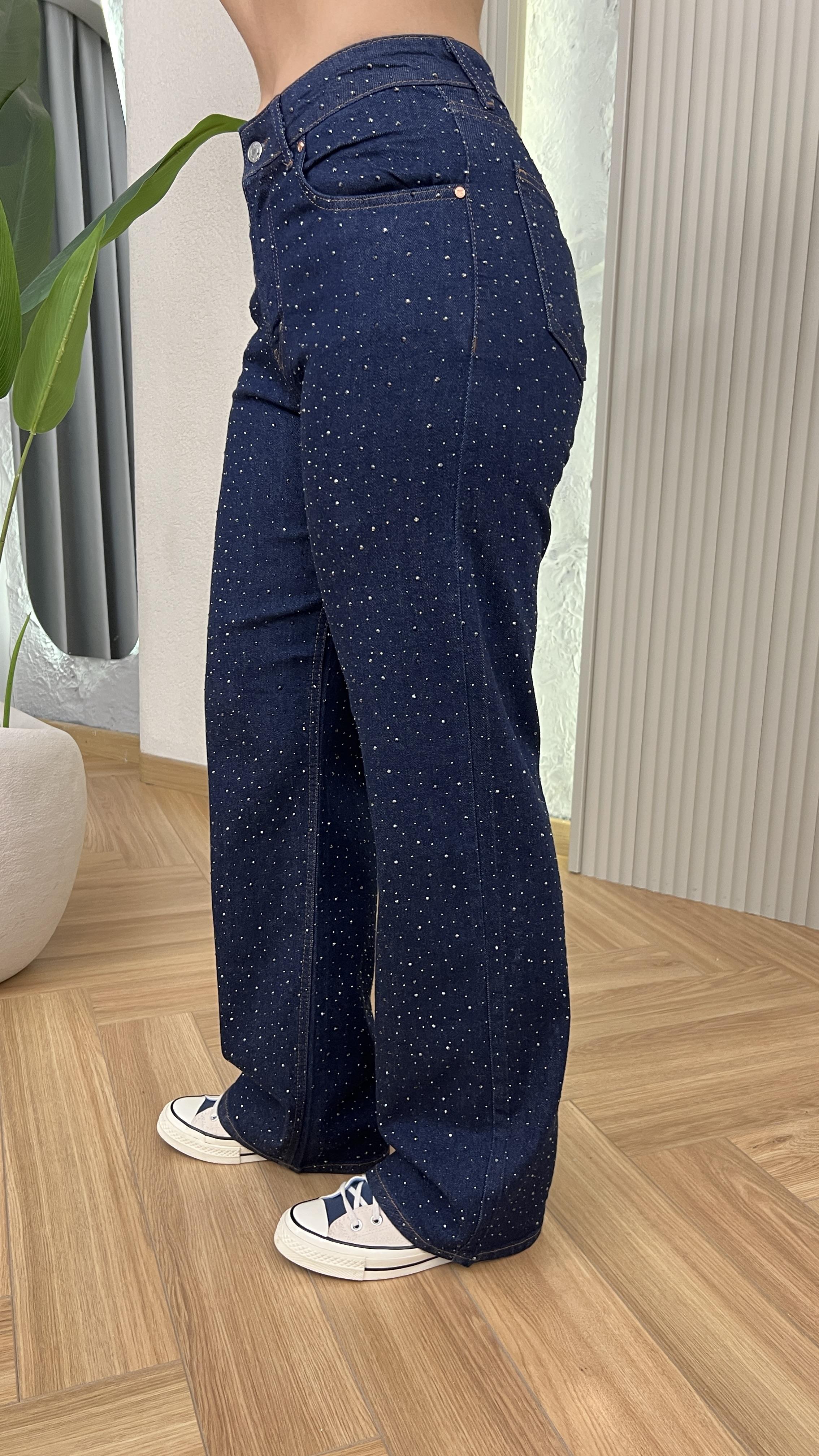 Lacivert Taş Detaylı Straight Likralı Jean