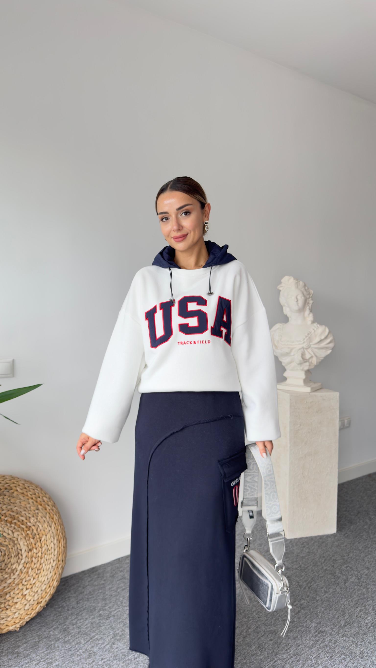 Paraşüt Kapüşon Detaylı Beyaz Sweat
