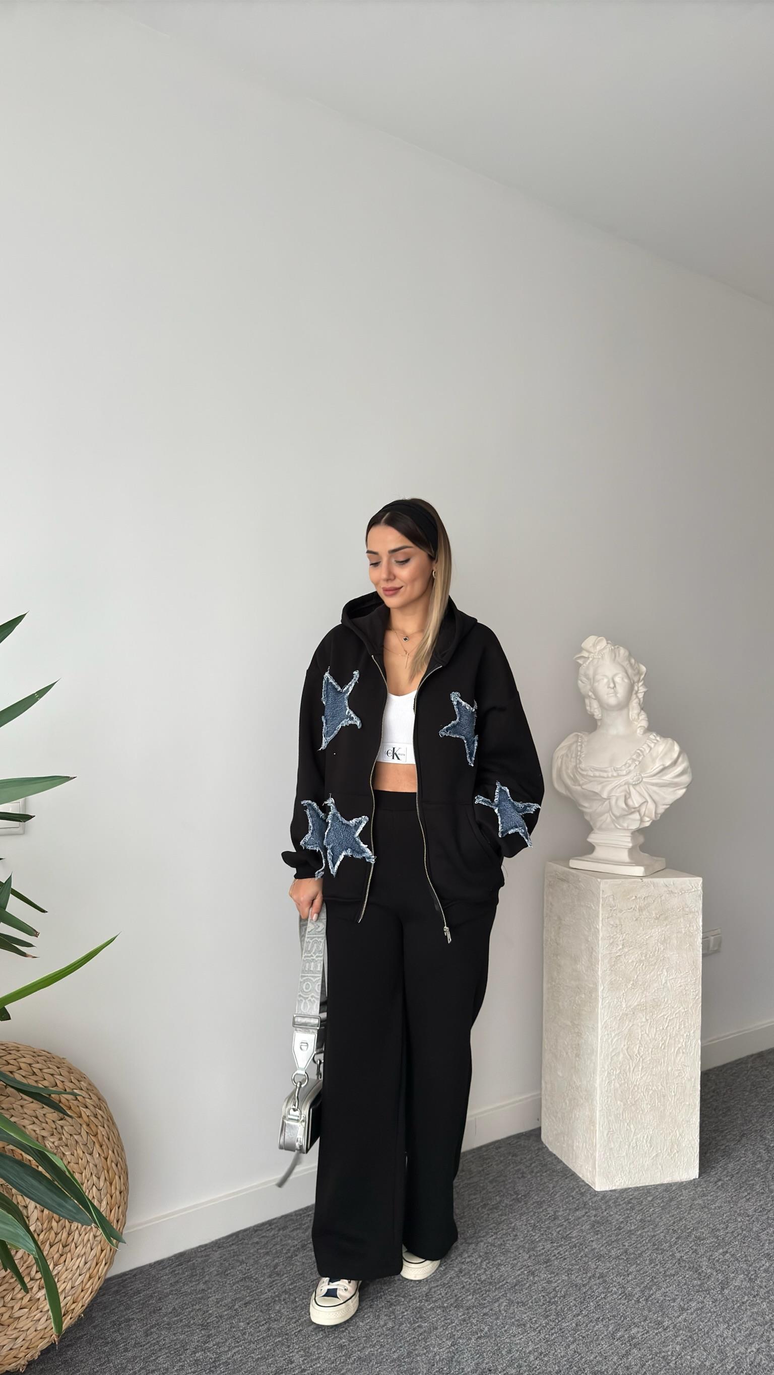 Denim Yıldız Detaylı Siyah Tasarım Takım