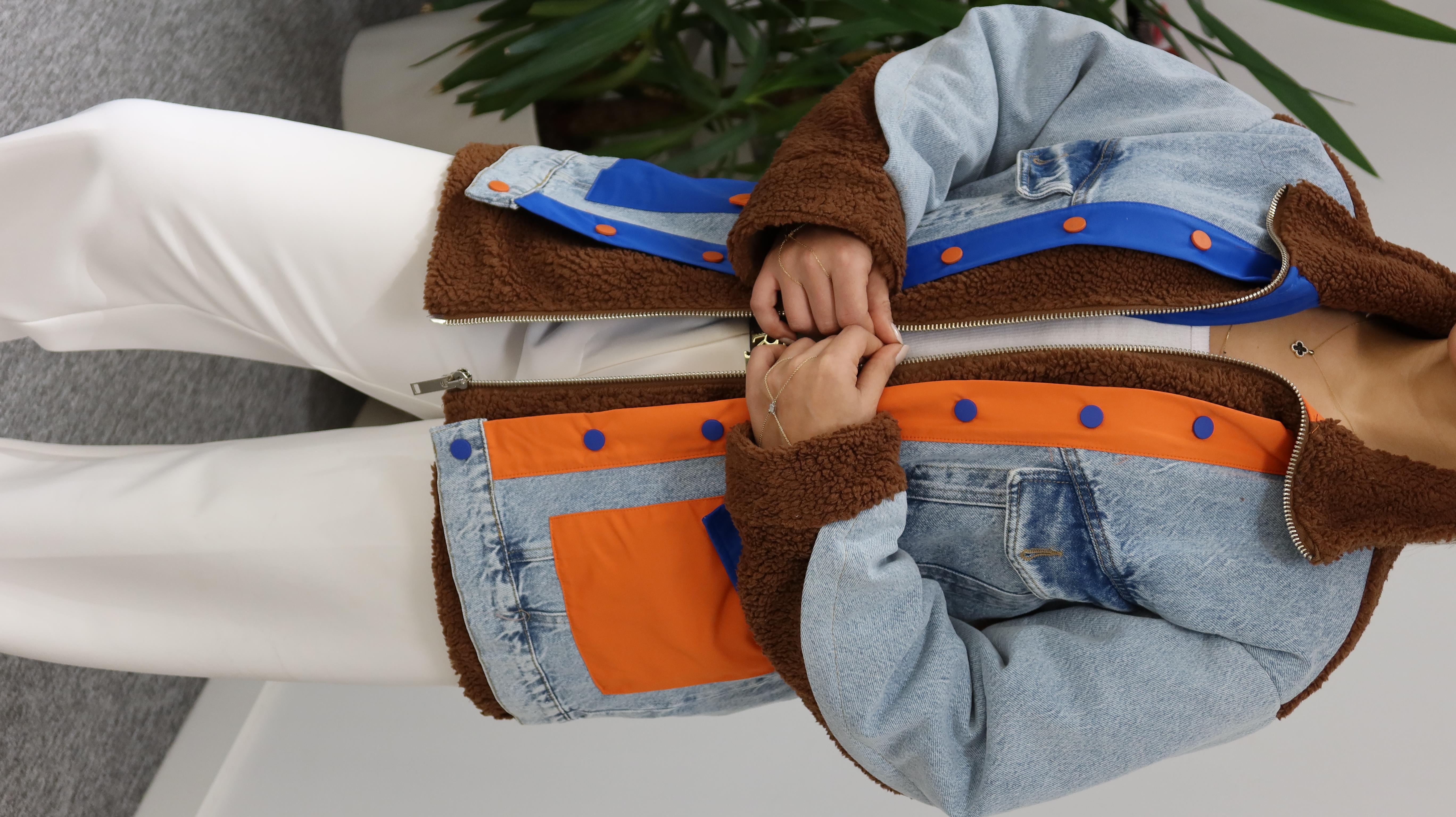 Kahve Denim Mix Turuncu Detay Peluş Mont 