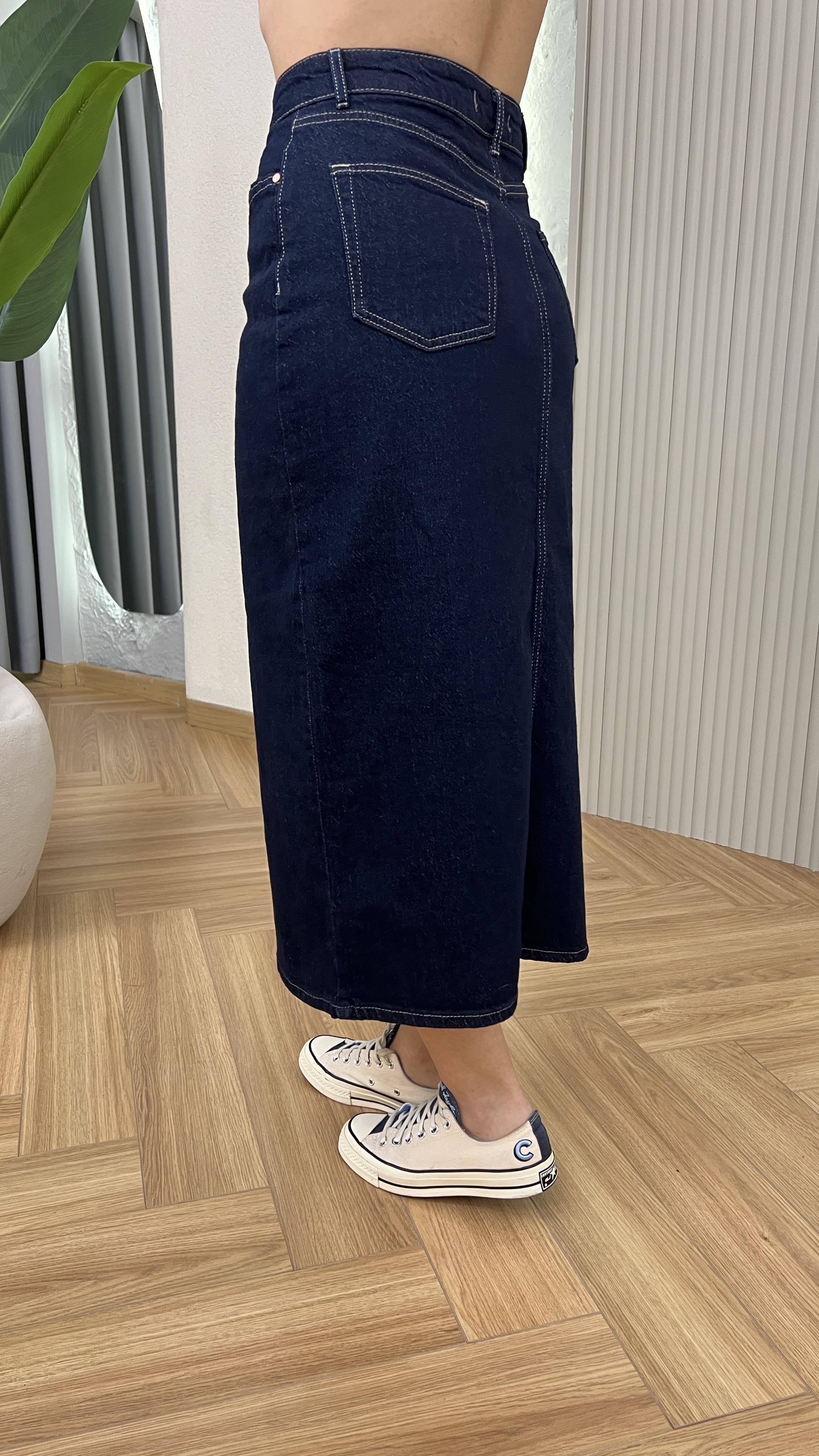 Lacivert Quince Önden Yırtmaçlı Kot Etek