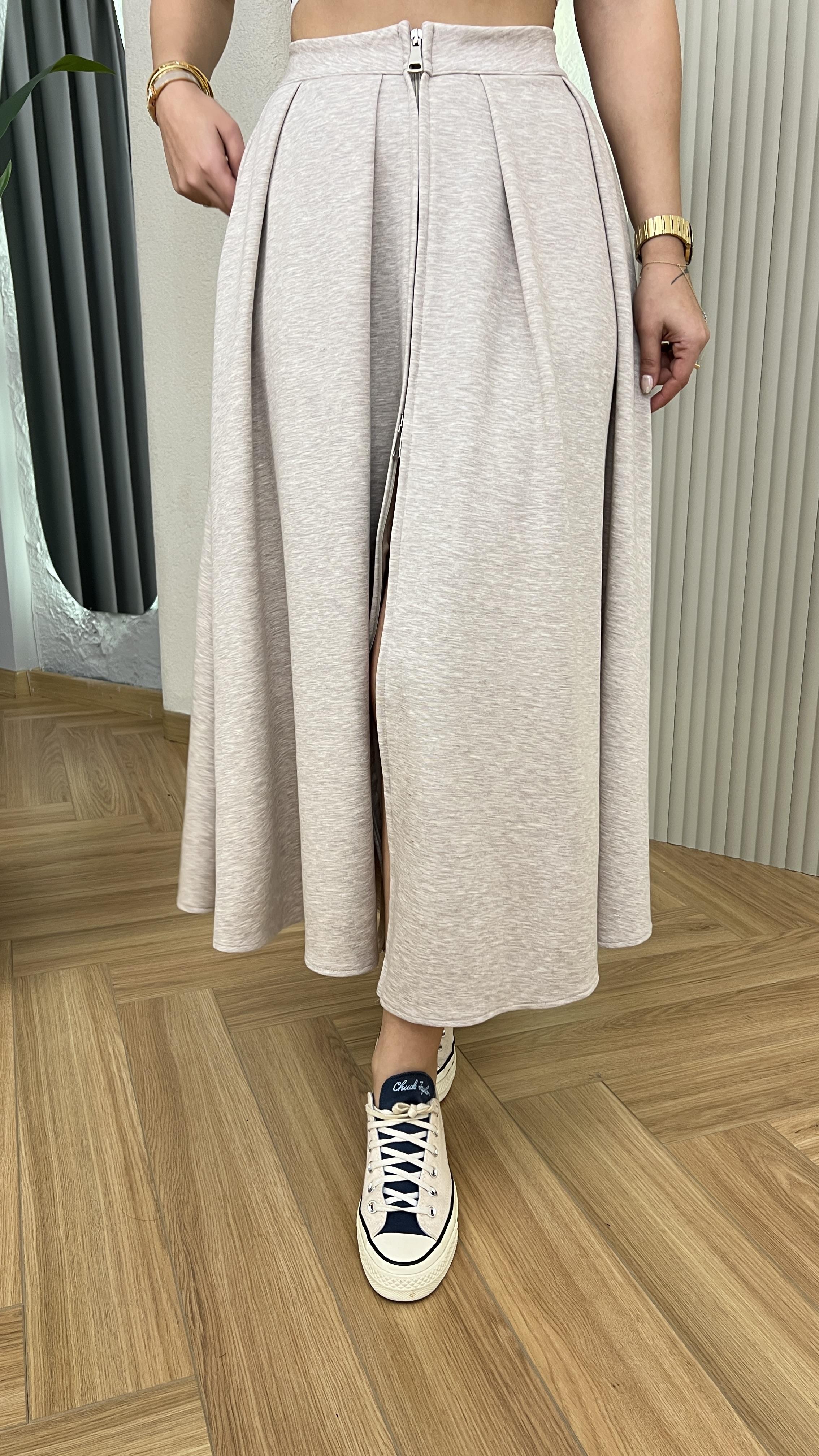Bej Jette Çift Fermuarlı Premium Modal Etek