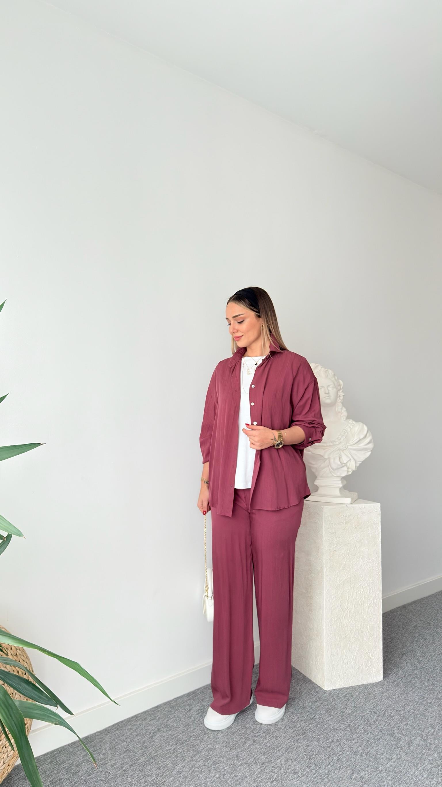 Bordo Rilla Gömlek Pantolon Takım