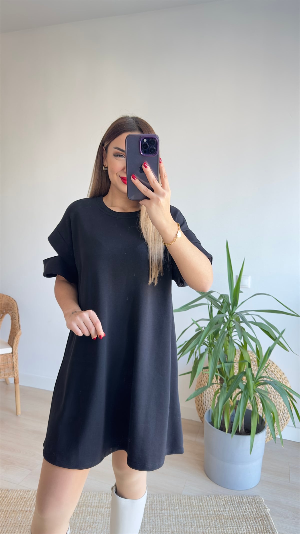 Kol Detaylı Siyah Tunik Elbise 